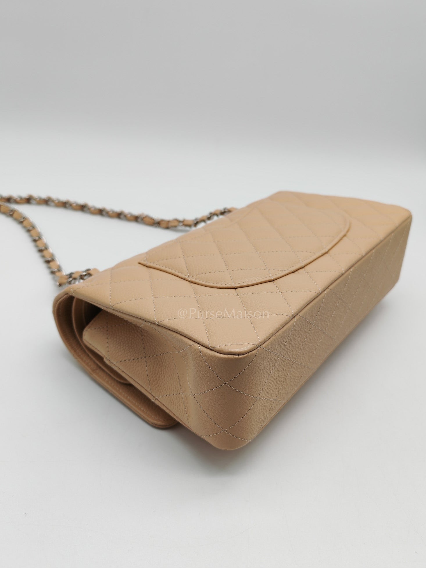 Classic Double Flap Medium in Beige Clair Quilted Caviar Leather & Silver Hardware Microchip | Purse Maison Luxury Bags Shop