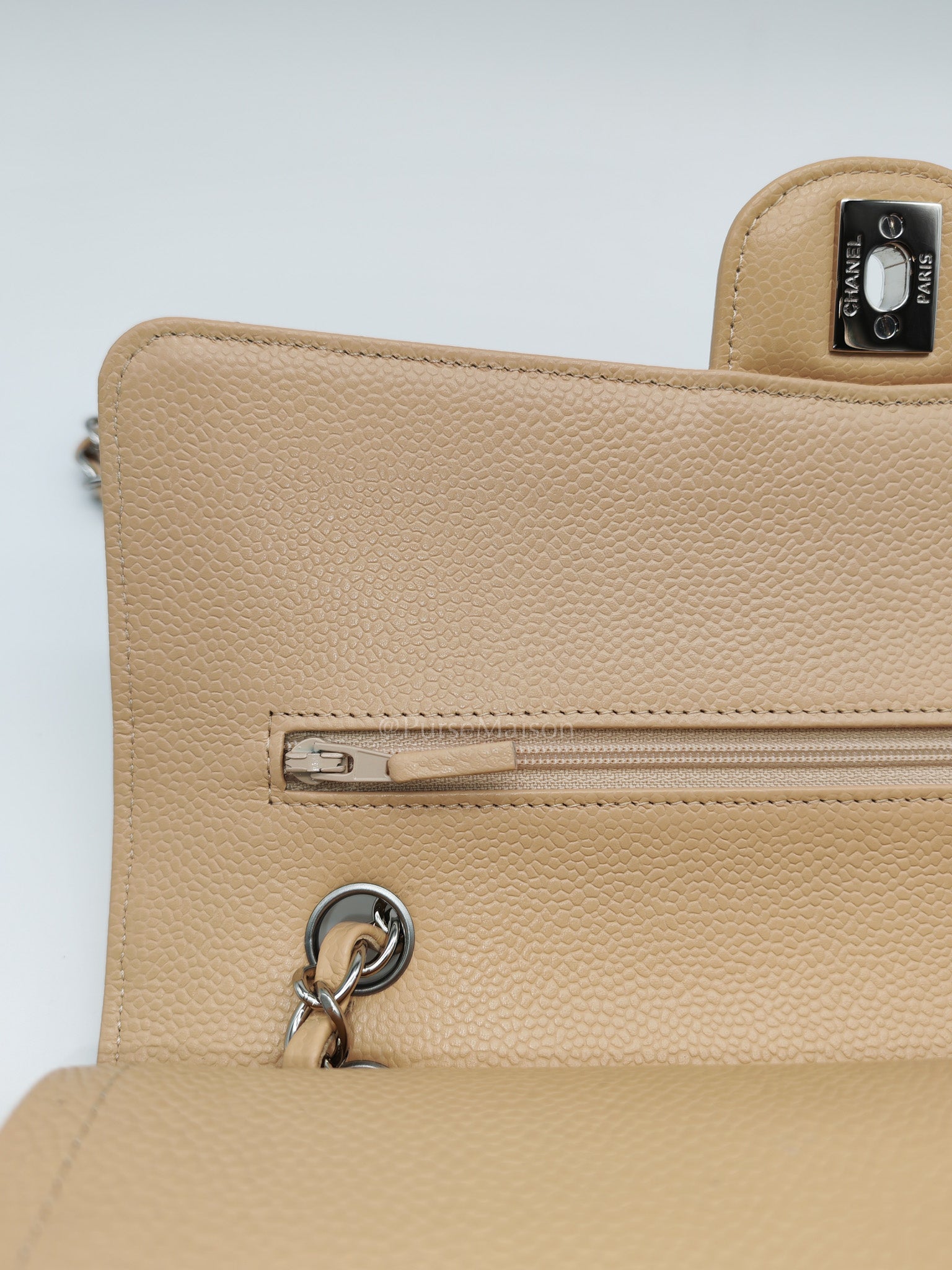 Classic Double Flap Medium in Beige Clair Quilted Caviar Leather & Silver Hardware Microchip | Purse Maison Luxury Bags Shop