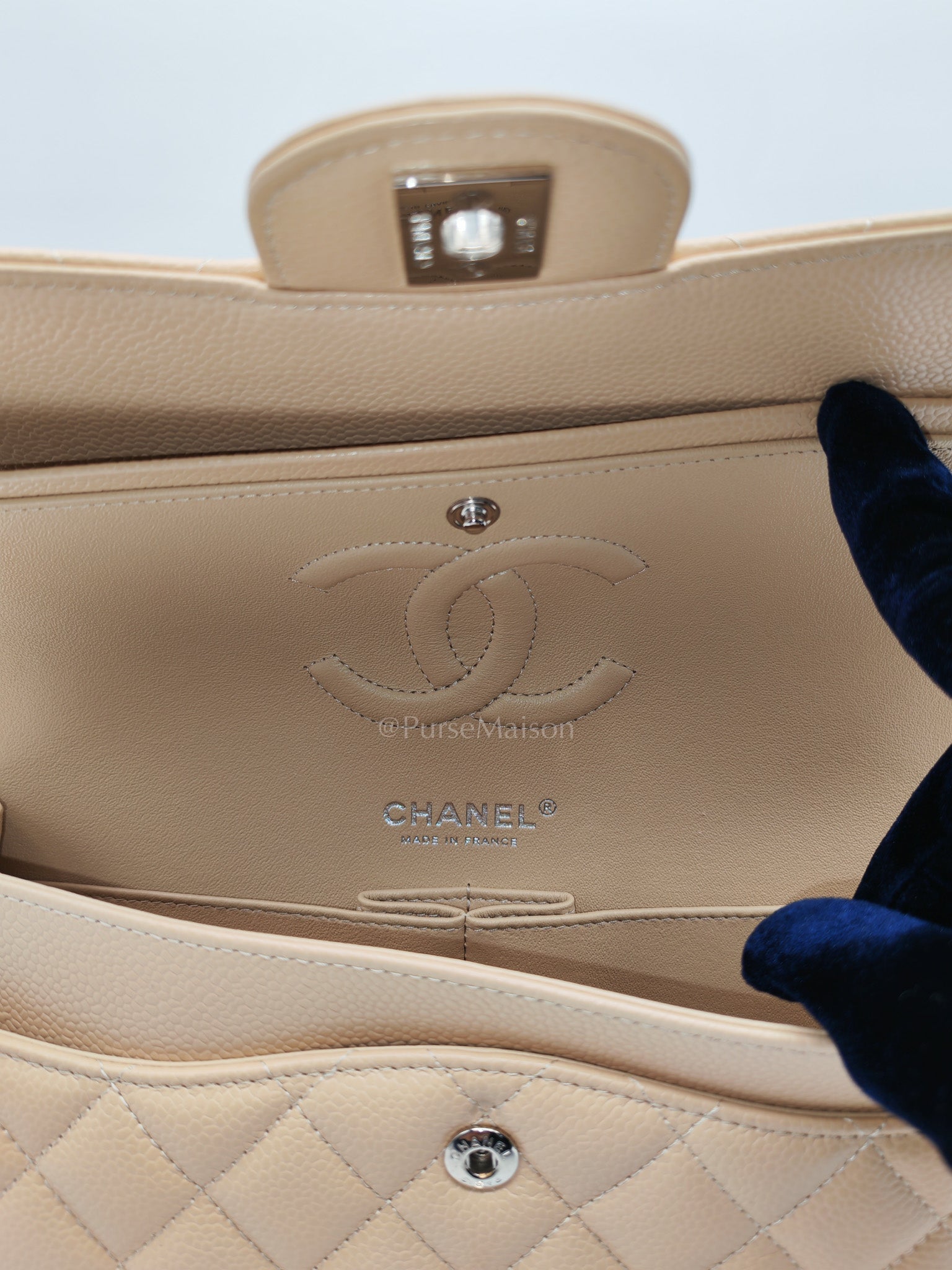 Classic Double Flap Medium in Beige Clair Quilted Caviar Leather & Silver Hardware Microchip | Purse Maison Luxury Bags Shop