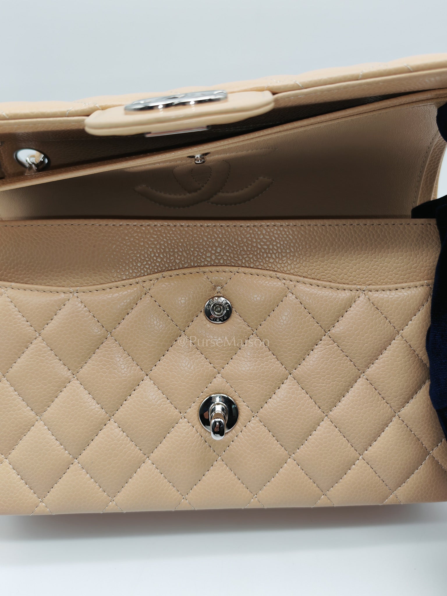 Classic Double Flap Medium in Beige Clair Quilted Caviar Leather & Silver Hardware Microchip | Purse Maison Luxury Bags Shop