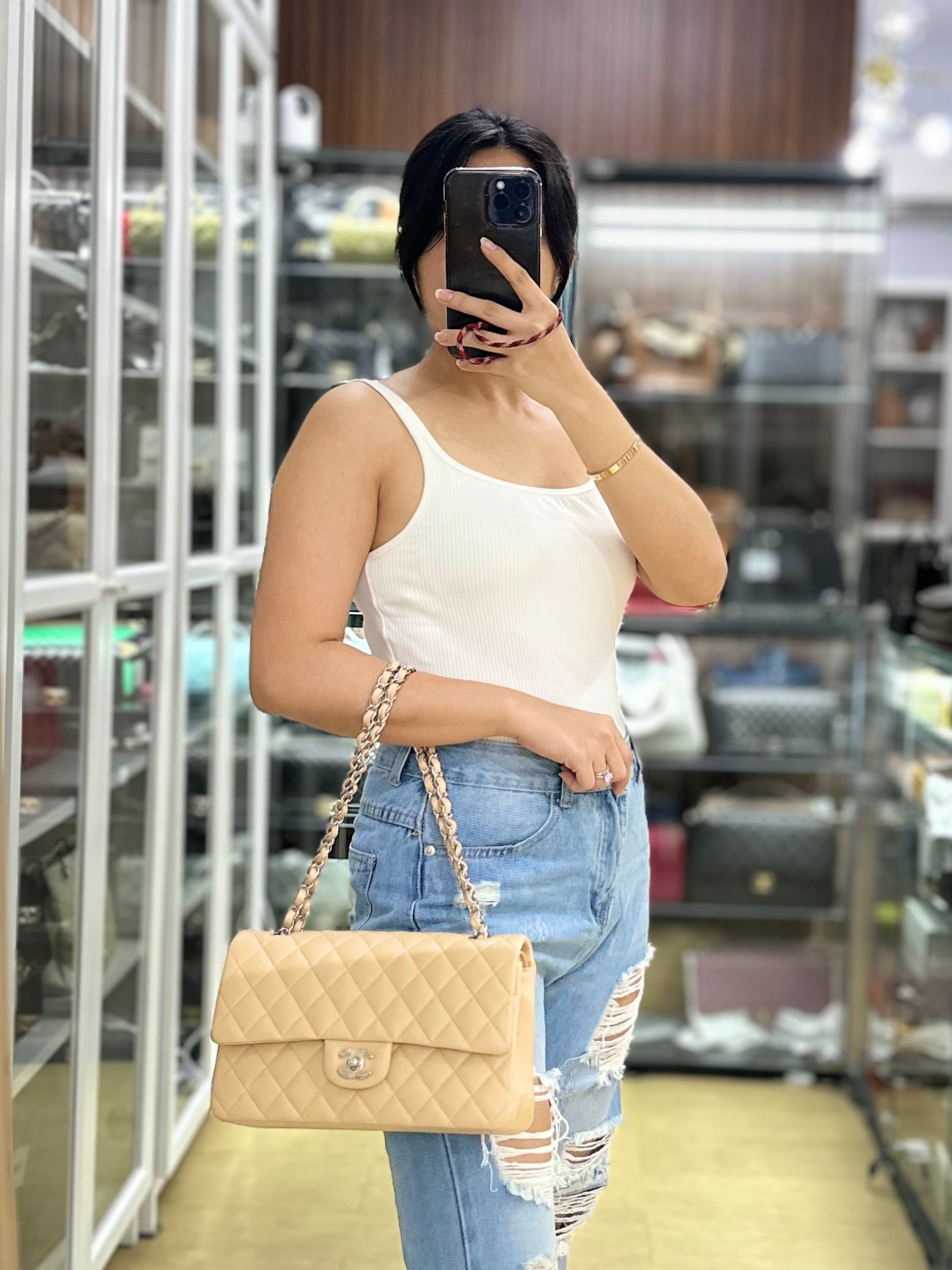 Chanel Classic Double Flap Medium in Beige Clair Quilted Caviar Leather & Silver Hardware Microchip | Purse Maison Luxury Bags Shop
