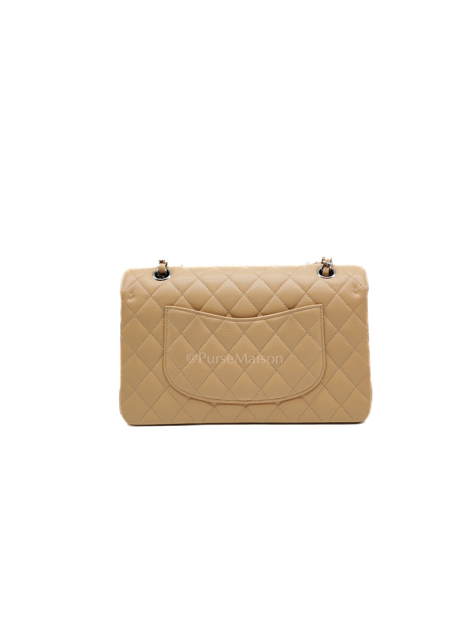 Classic Double Flap Medium in Beige Clair Quilted Caviar Leather & Silver Hardware Microchip | Purse Maison Luxury Bags Shop