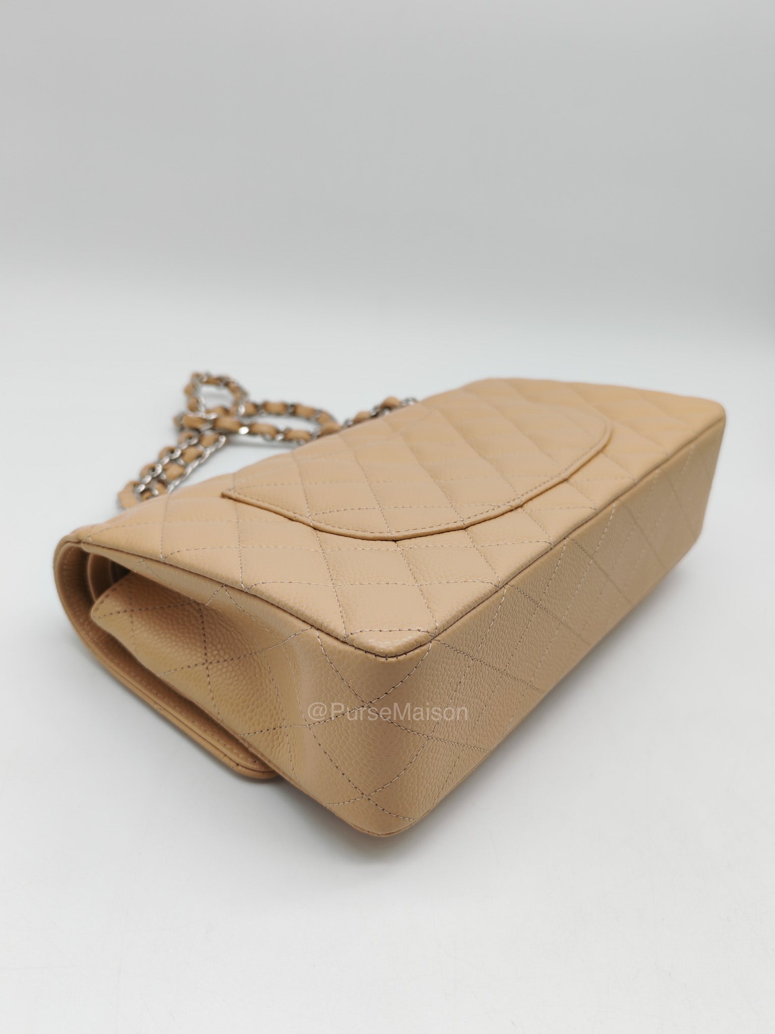 Chanel Classic Double Flap in Beige Quilted Caviar Leather and Silver Hardware Series 28 | Purse Maison Luxury Bags Shop
