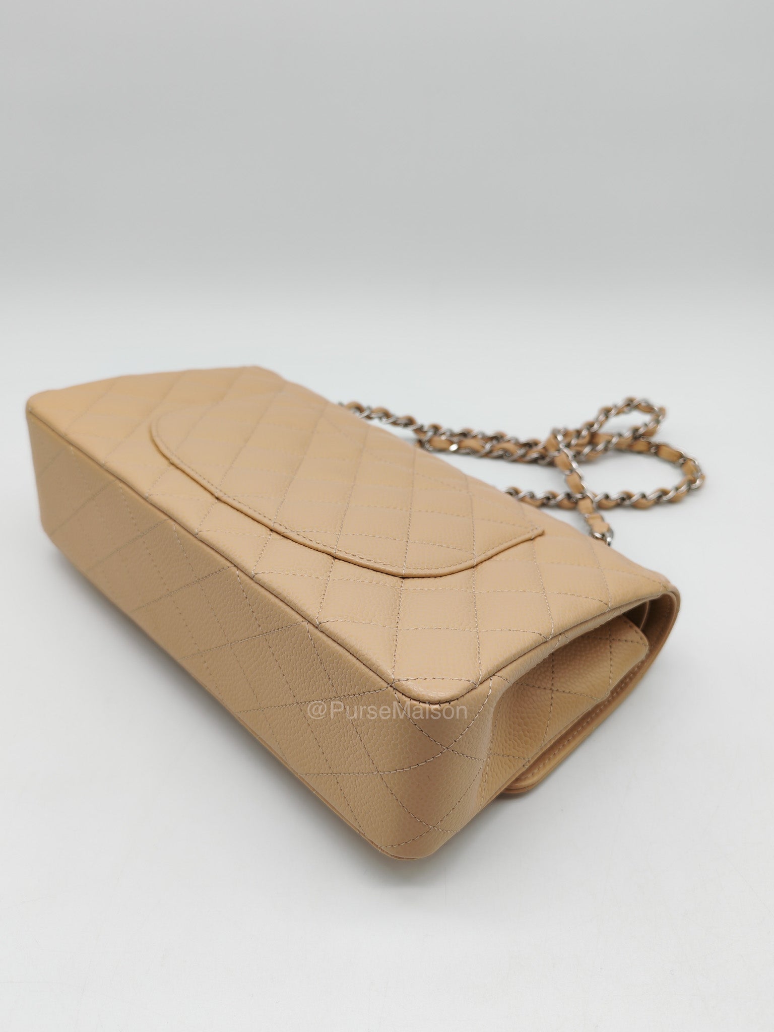 Chanel Classic Double Flap in Beige Quilted Caviar Leather and Silver Hardware Series 28 | Purse Maison Luxury Bags Shop