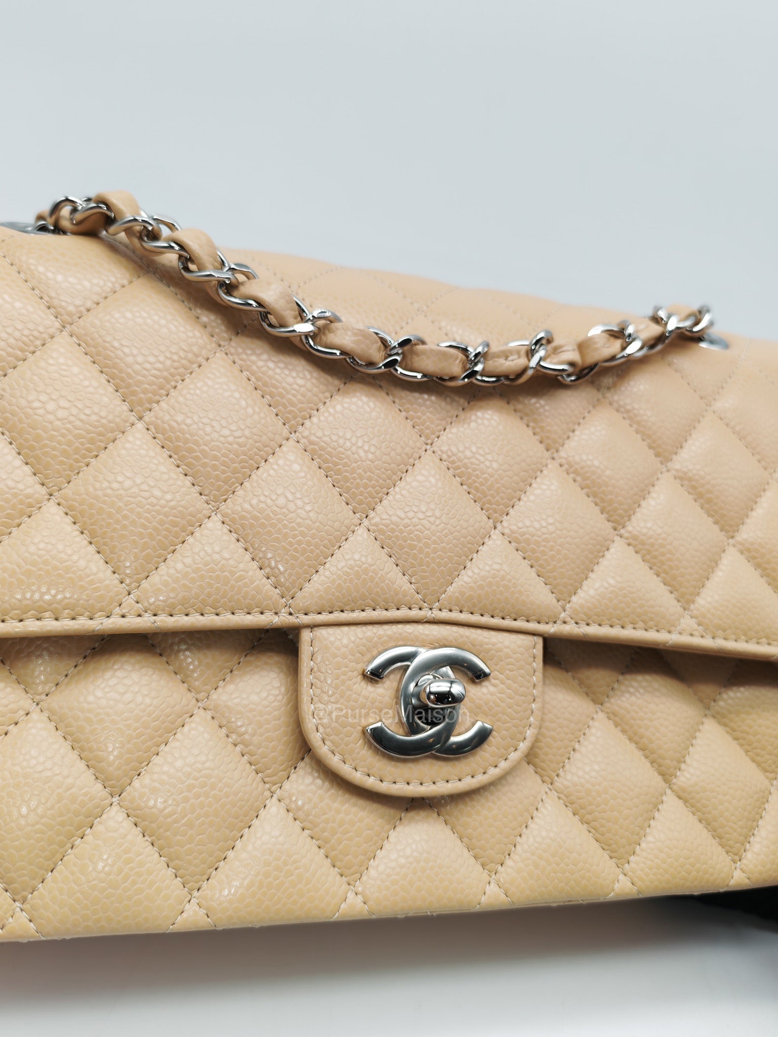 Chanel Classic Double Flap in Beige Quilted Caviar Leather and Silver Hardware Series 28 | Purse Maison Luxury Bags Shop