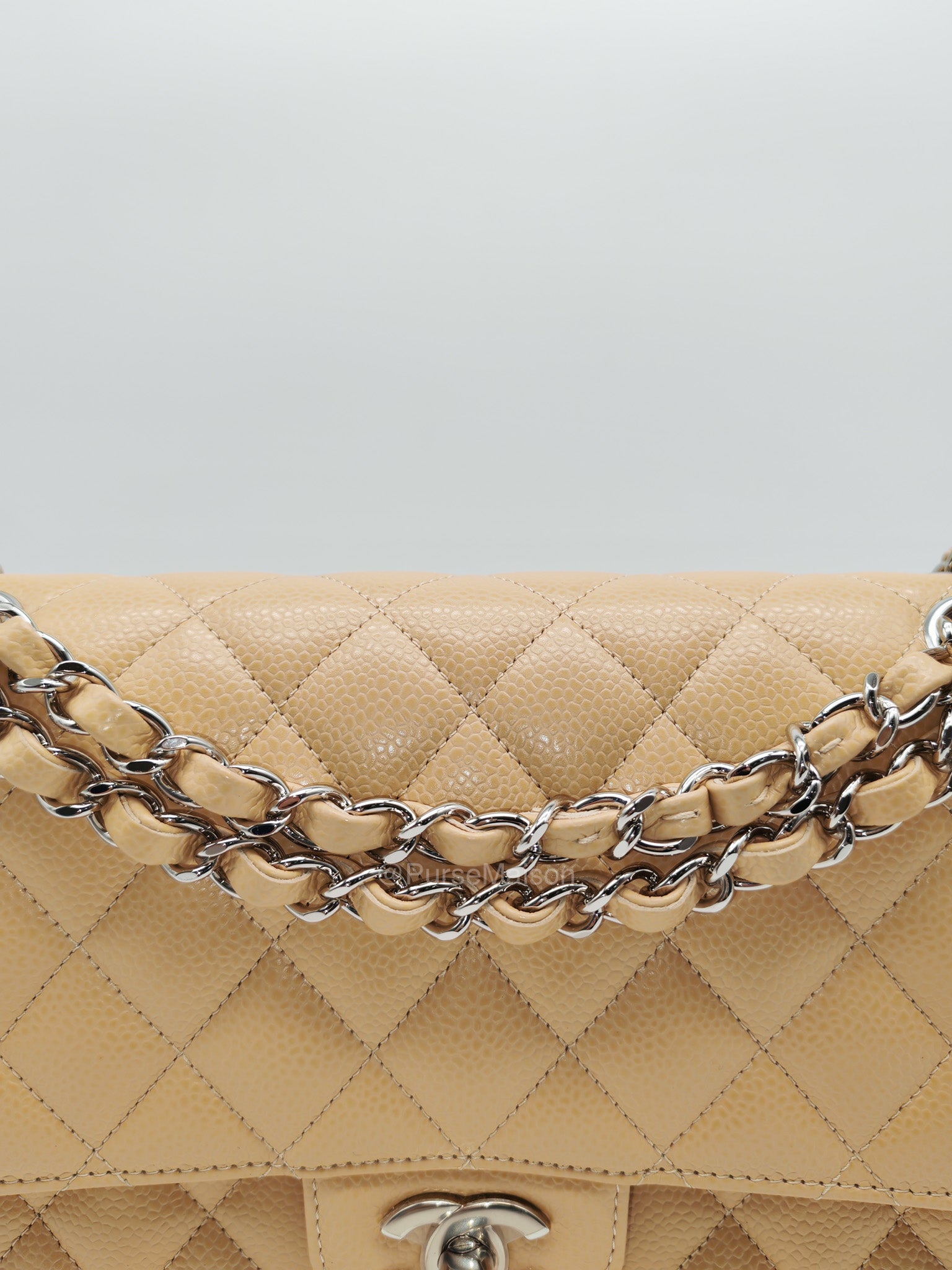 Chanel Classic Double Flap in Beige Quilted Caviar Leather and Silver Hardware Series 28 | Purse Maison Luxury Bags Shop
