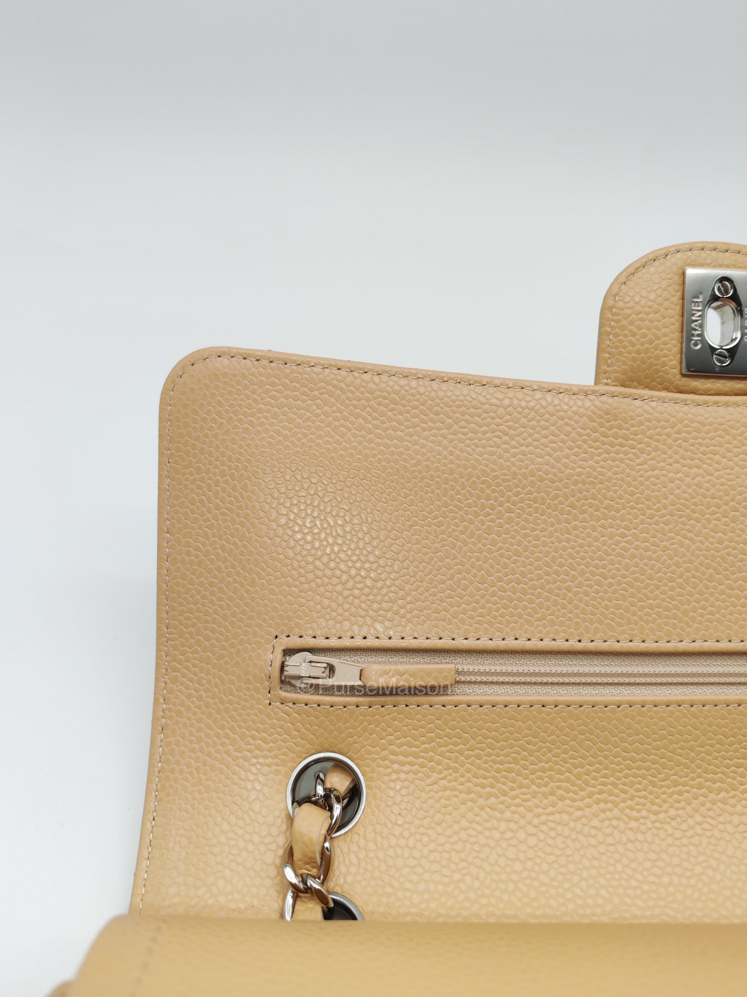 Chanel Classic Double Flap in Beige Quilted Caviar Leather and Silver Hardware Series 28 | Purse Maison Luxury Bags Shop
