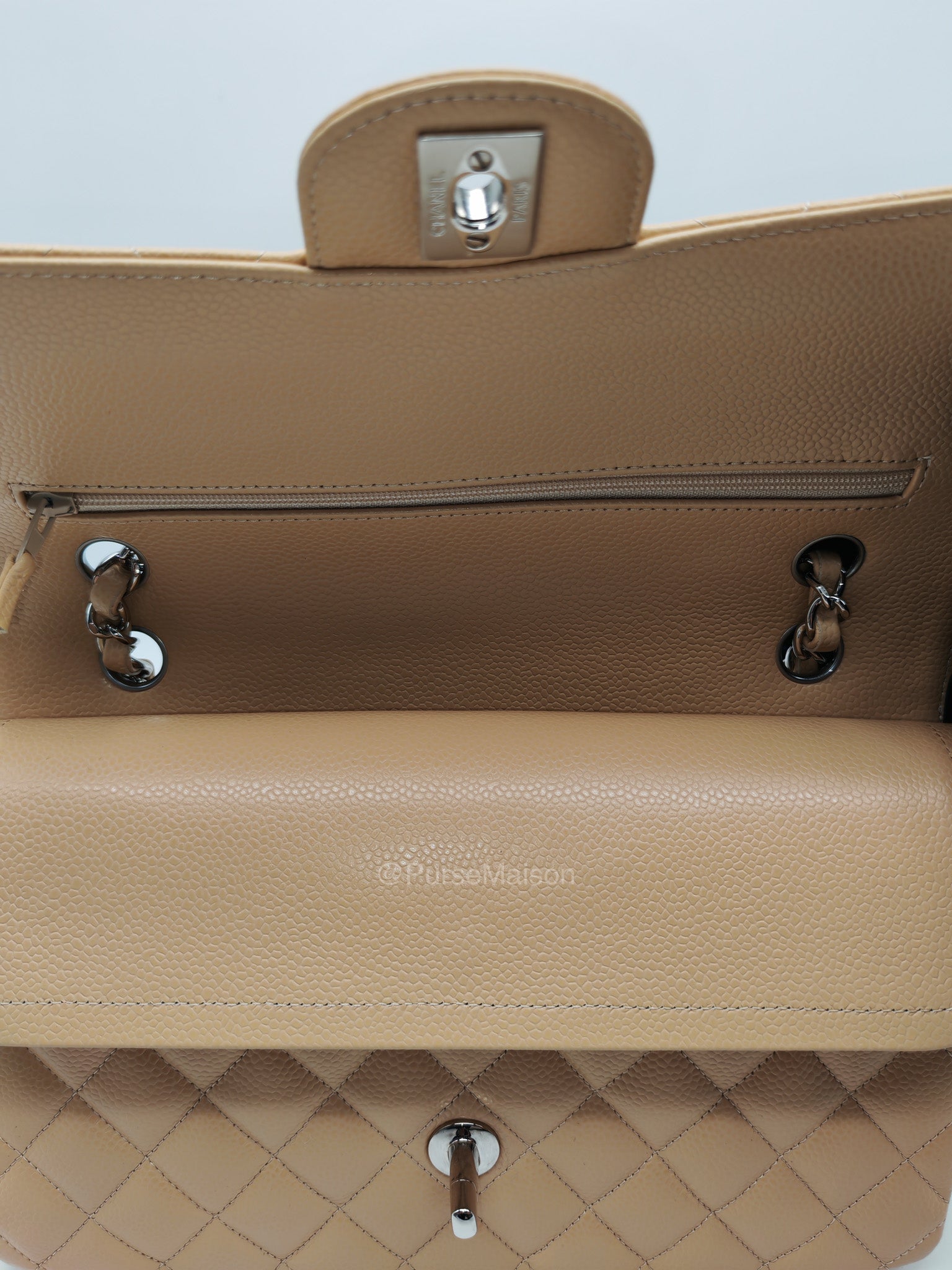 Chanel Classic Double Flap in Beige Quilted Caviar Leather and Silver Hardware Series 28 | Purse Maison Luxury Bags Shop