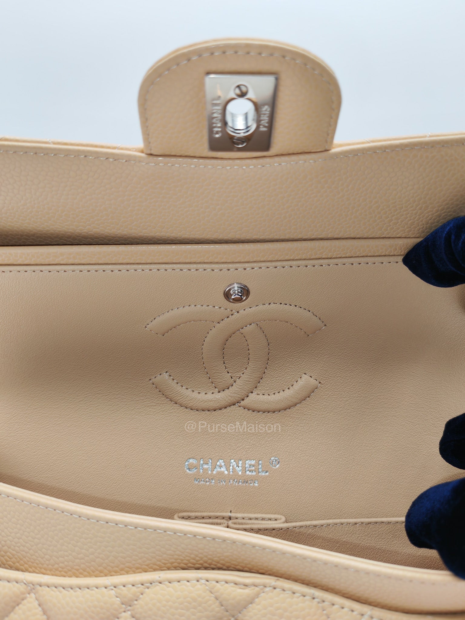 Chanel Classic Double Flap in Beige Quilted Caviar Leather and Silver Hardware Series 28 | Purse Maison Luxury Bags Shop