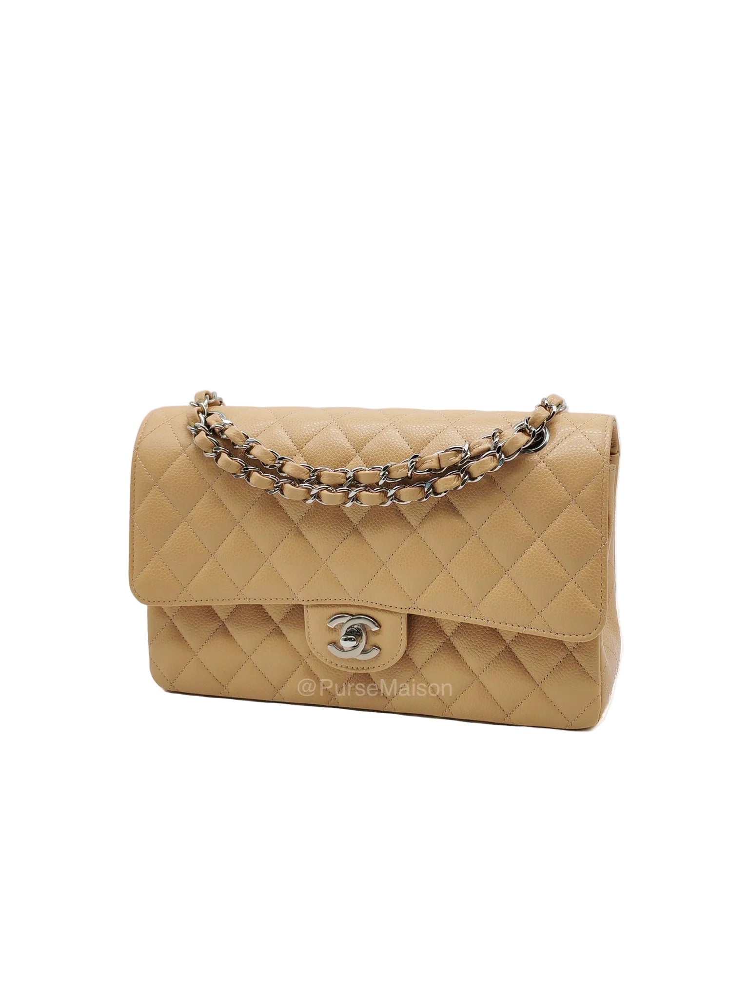 Chanel Classic Double Flap in Beige Quilted Caviar Leather and Silver Hardware Series 28 | Purse Maison Luxury Bags Shop