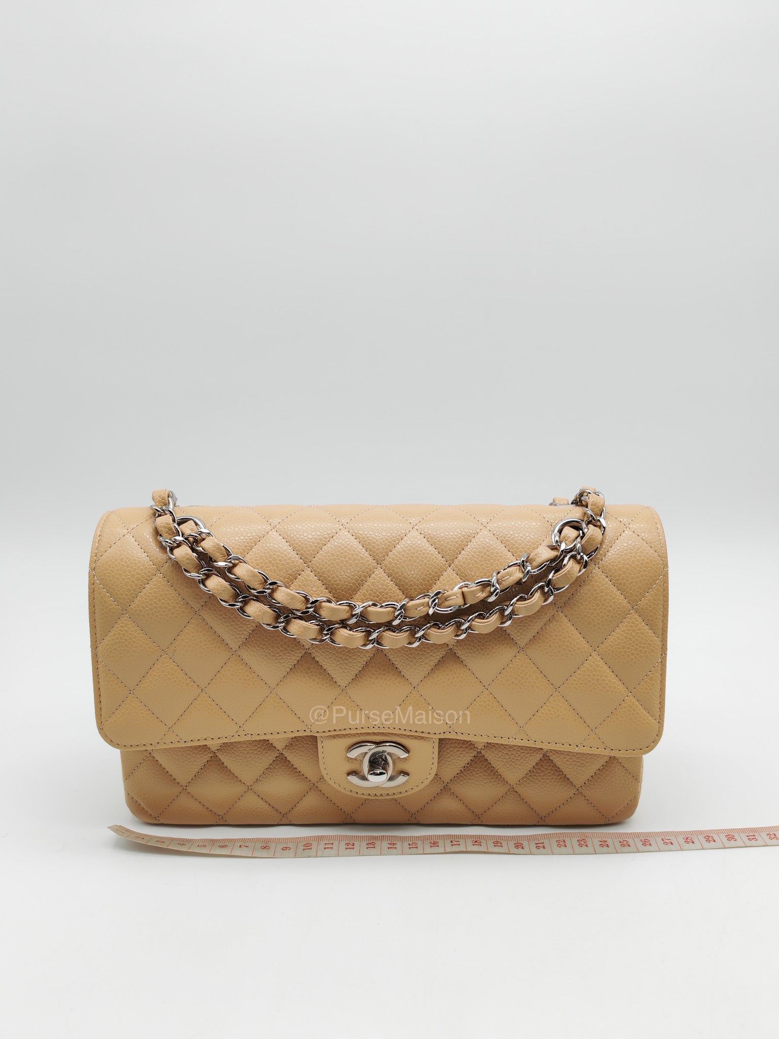 Chanel Classic Double Flap in Beige Quilted Caviar Leather and Silver Hardware Series 28 | Purse Maison Luxury Bags Shop