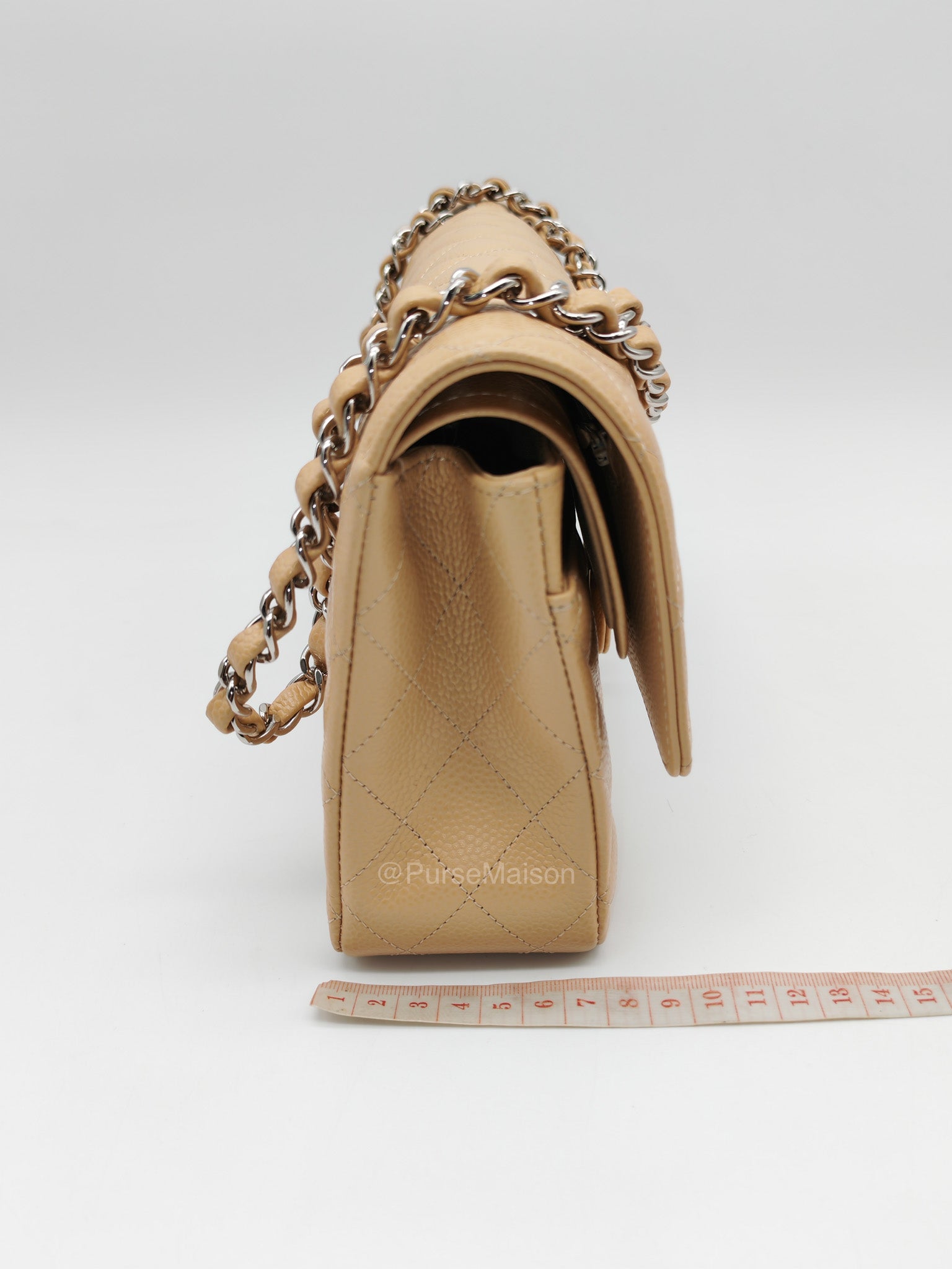 Chanel Classic Double Flap in Beige Quilted Caviar Leather and Silver Hardware Series 28 | Purse Maison Luxury Bags Shop