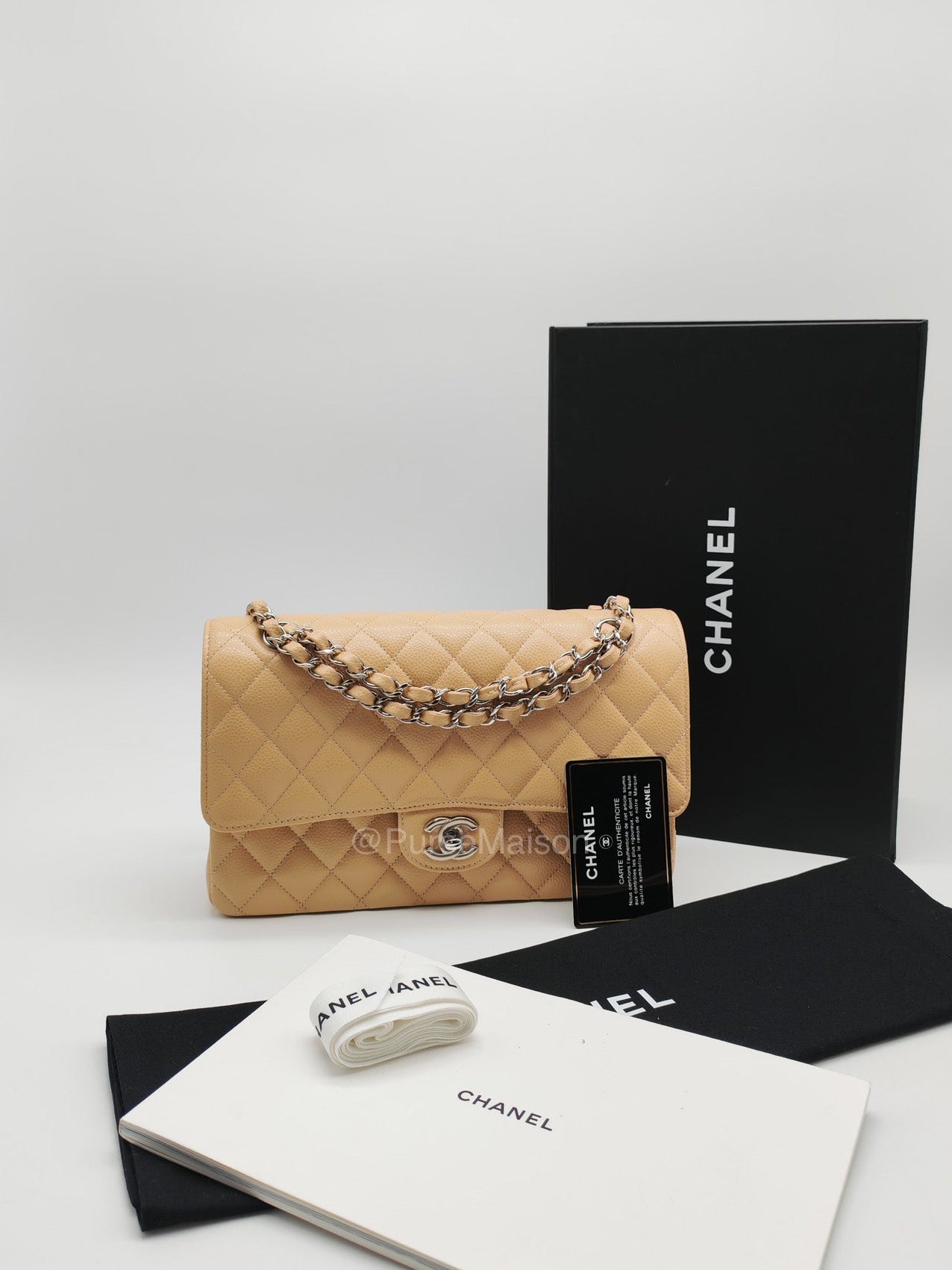Chanel Classic Double Flap in Beige Quilted Caviar Leather and Silver Hardware Series 28 | Purse Maison Luxury Bags Shop