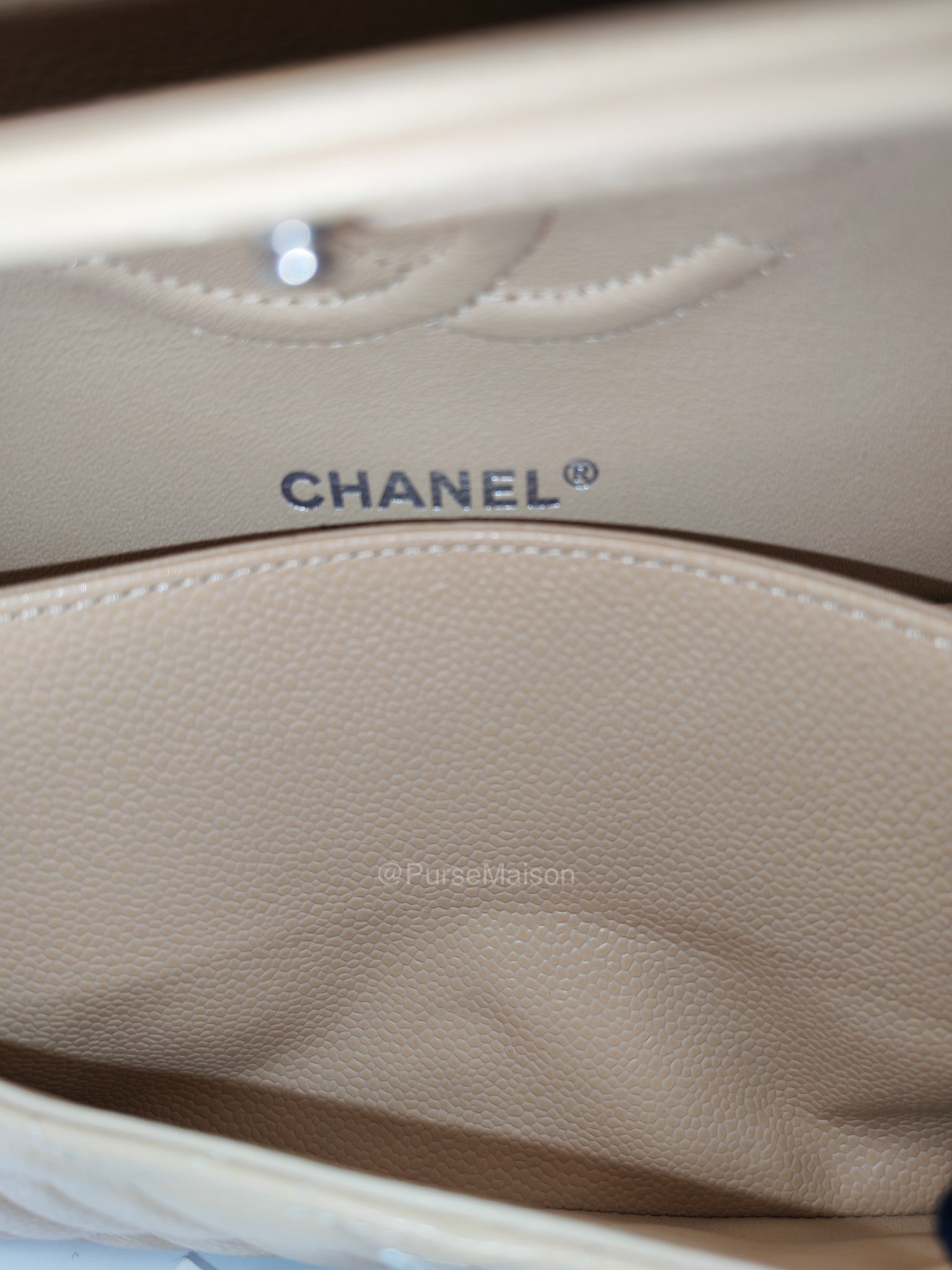 Chanel Classic Double Flap in Beige Quilted Caviar Leather and Silver Hardware Series 28 | Purse Maison Luxury Bags Shop