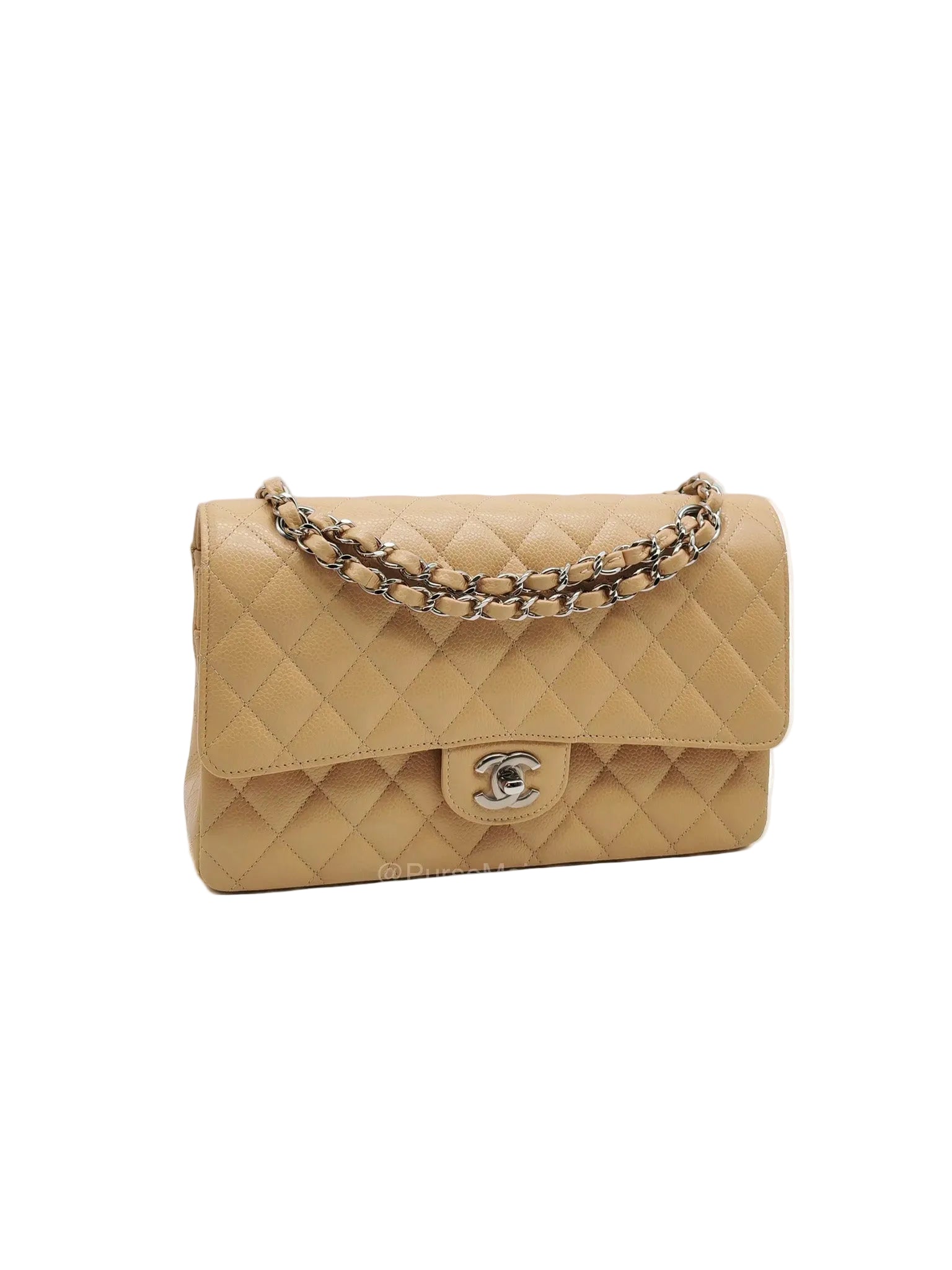 Chanel Classic Double Flap in Beige Quilted Caviar Leather and Silver Hardware Series 28 | Purse Maison Luxury Bags Shop