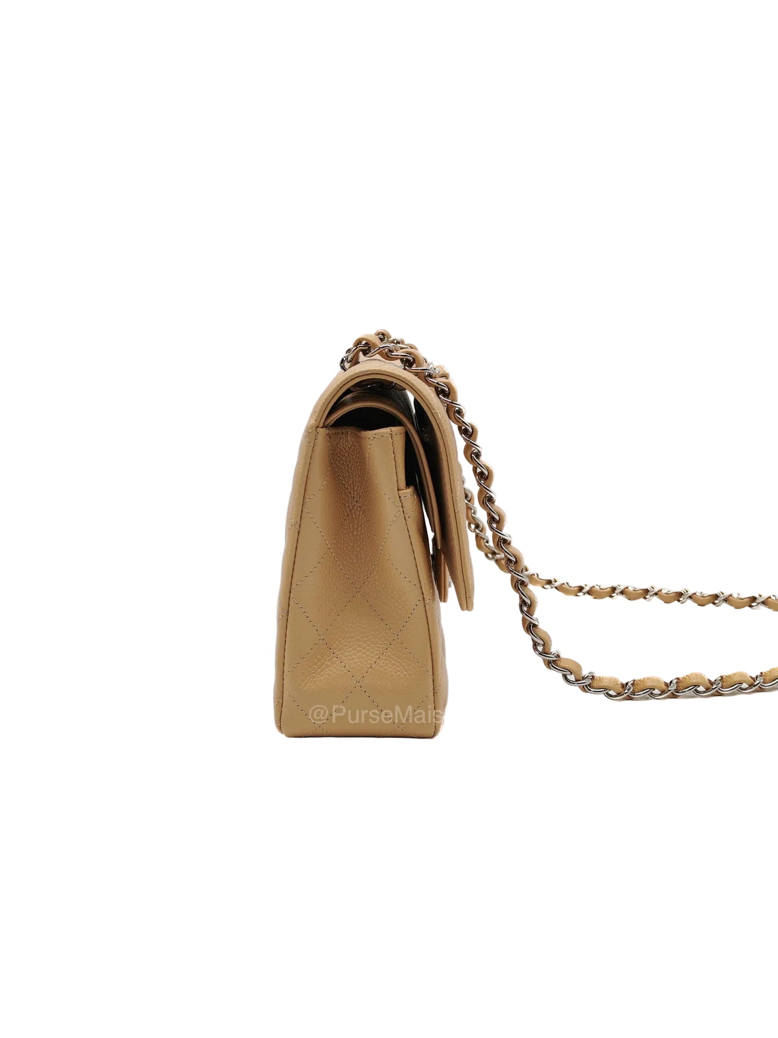 Chanel Classic Double Flap in Beige Quilted Caviar Leather and Silver Hardware Series 28 | Purse Maison Luxury Bags Shop