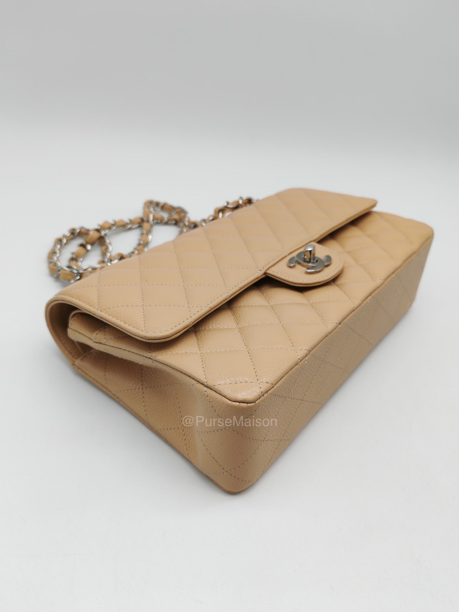 Chanel Classic Double Flap in Beige Quilted Caviar Leather and Silver Hardware Series 28 | Purse Maison Luxury Bags Shop