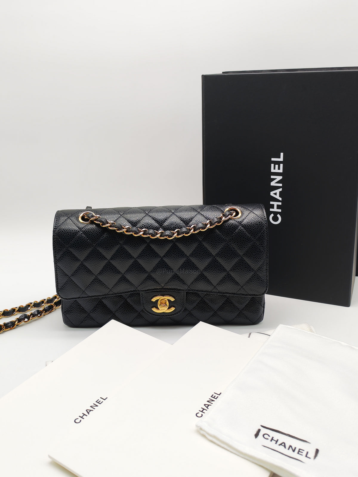 Chanel Classic Double Flap Medium in Black Caviar Leather and Gold Hardware Microchip | Purse Maison Luxury Bags Shop
