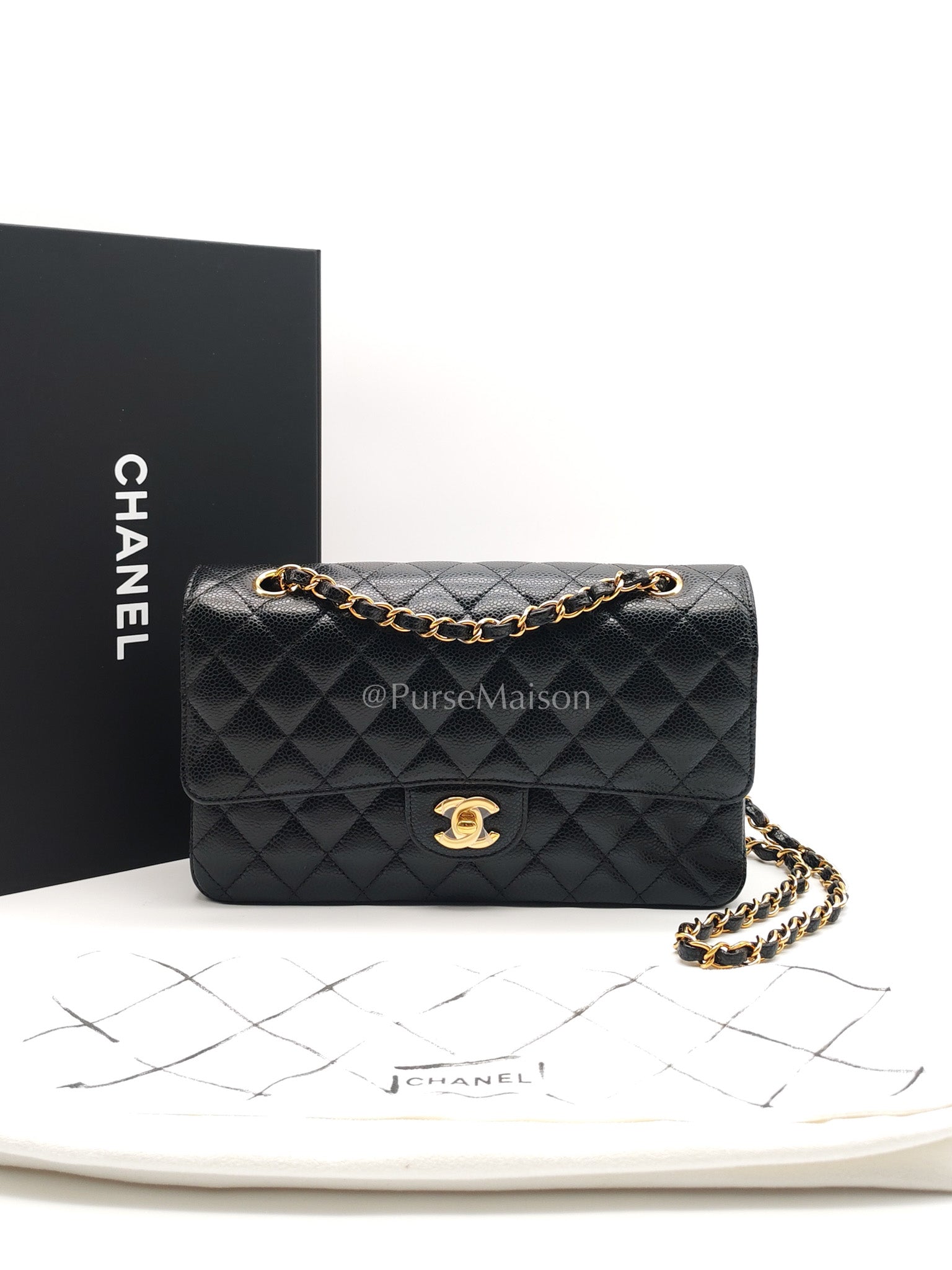 Chanel Classic Double Flap Medium in Black Caviar Leather and Gold Hardware (Microchip) | Purse Maison Luxury Bags Shop