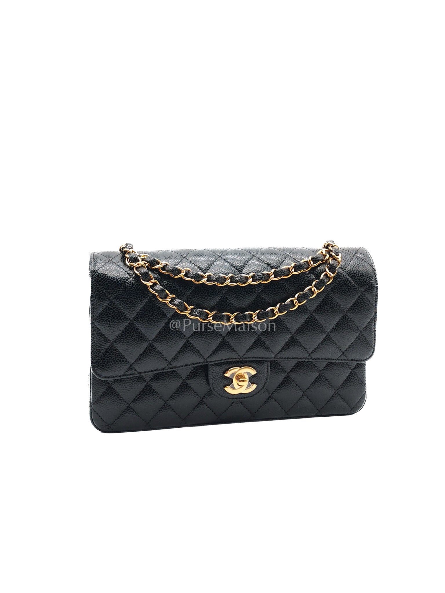 Chanel Classic Double Flap Medium in Black Quilted Caviar Leather & Gold Hardware Microchip