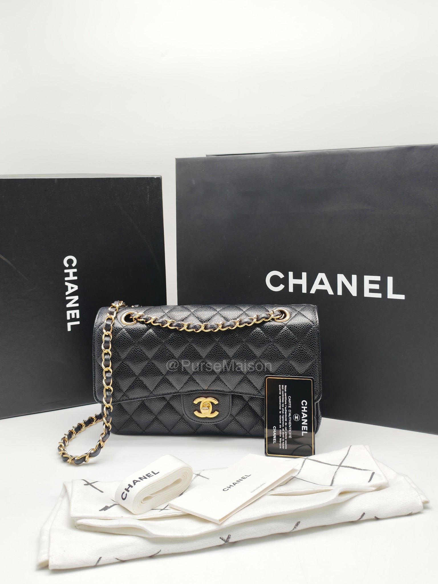 Chanel Classic Double Flap Medium in Black Caviar Leather and Gold Hardware Series 28 | Purse Maison Luxury Bags Shop