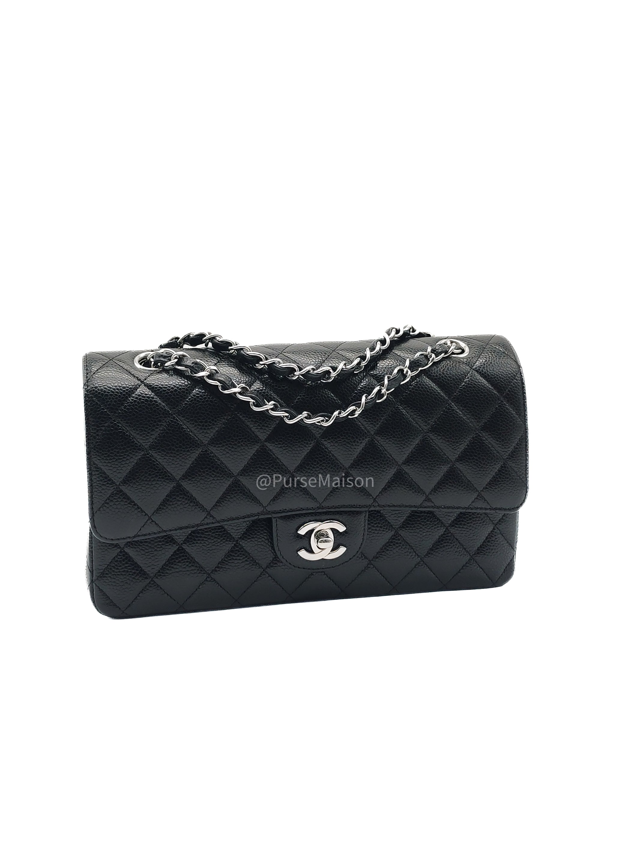 Chanel Classic Double Flap Medium in Black Caviar Leather and Silver Hardware (Microchip) | Purse Maison Luxury Bags Shop