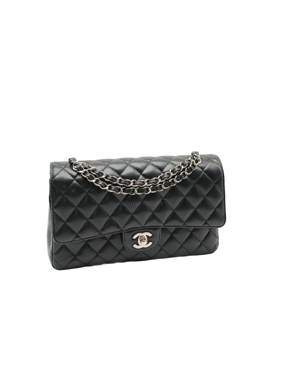 Chanel Classic Double Flap Medium in Black Caviar Leather & Silver Hardware (Microchip) | Purse Maison Luxury Bags Shop