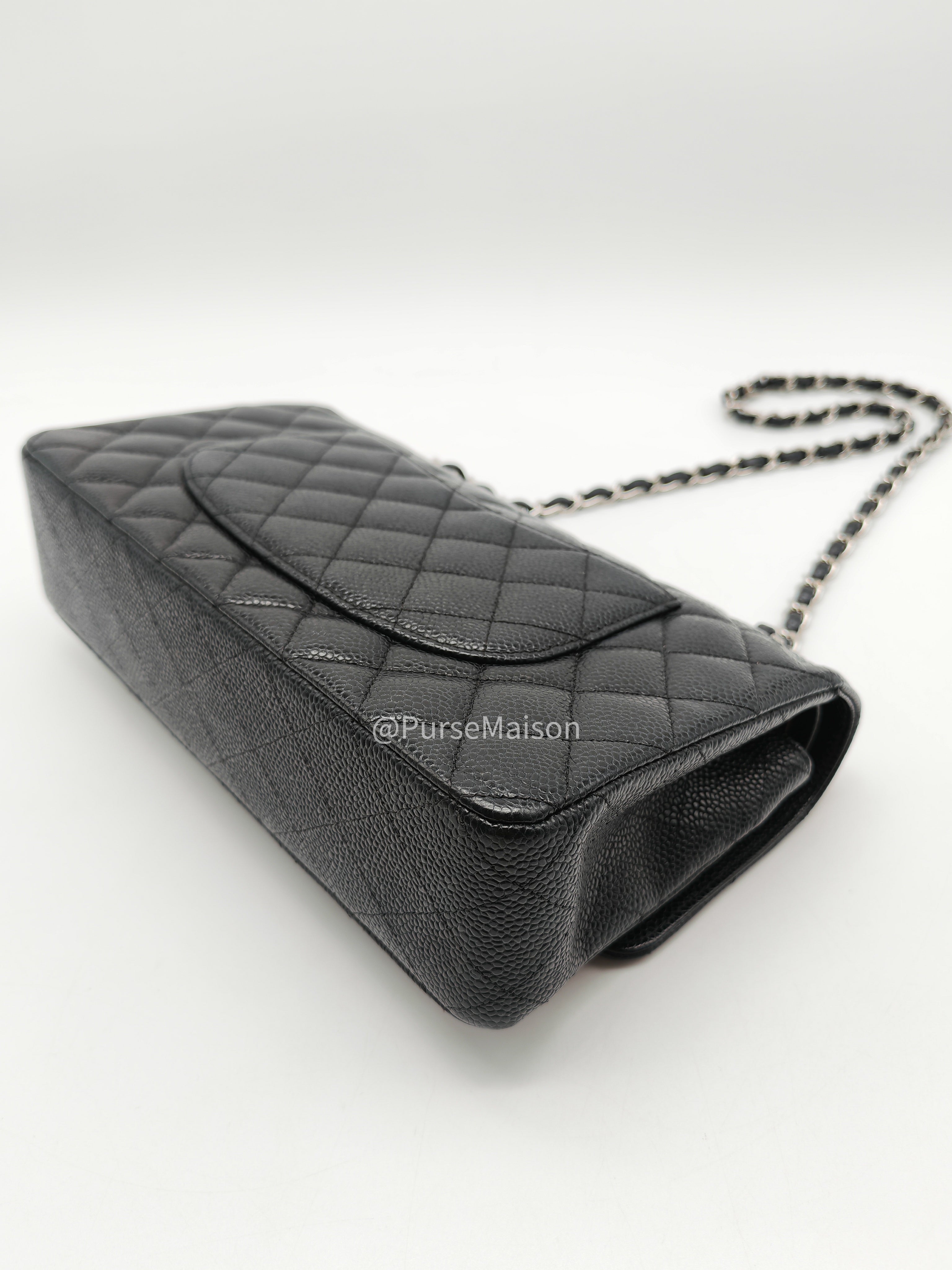 Chanel Classic Double Flap Medium in Black Caviar Leather Silver Hardware (Series 18) | Purse Maison Luxury Bags Shop