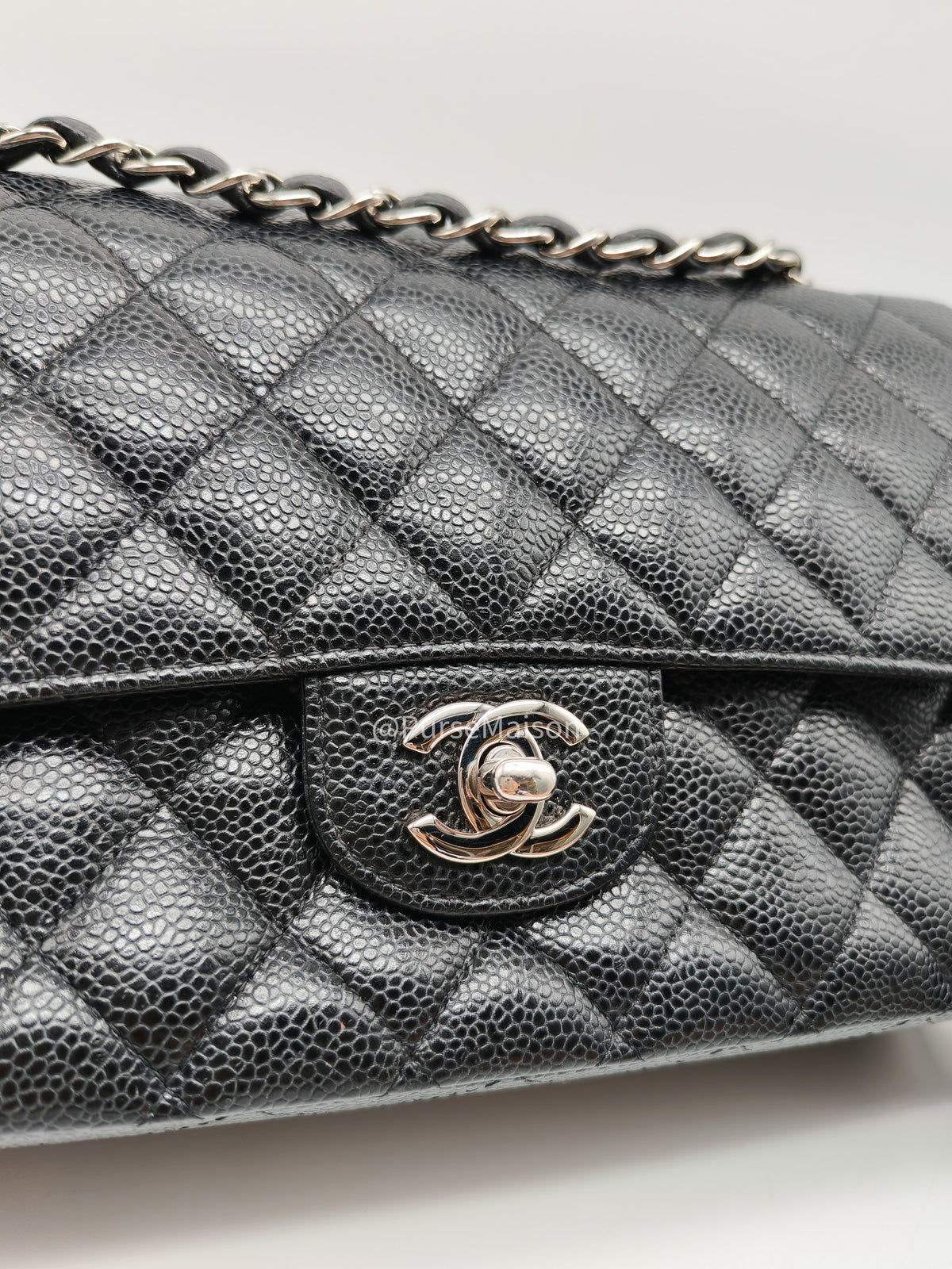 Chanel Classic Double Flap Medium in Black Caviar Leather Silver Hardware (Series 18) | Purse Maison Luxury Bags Shop