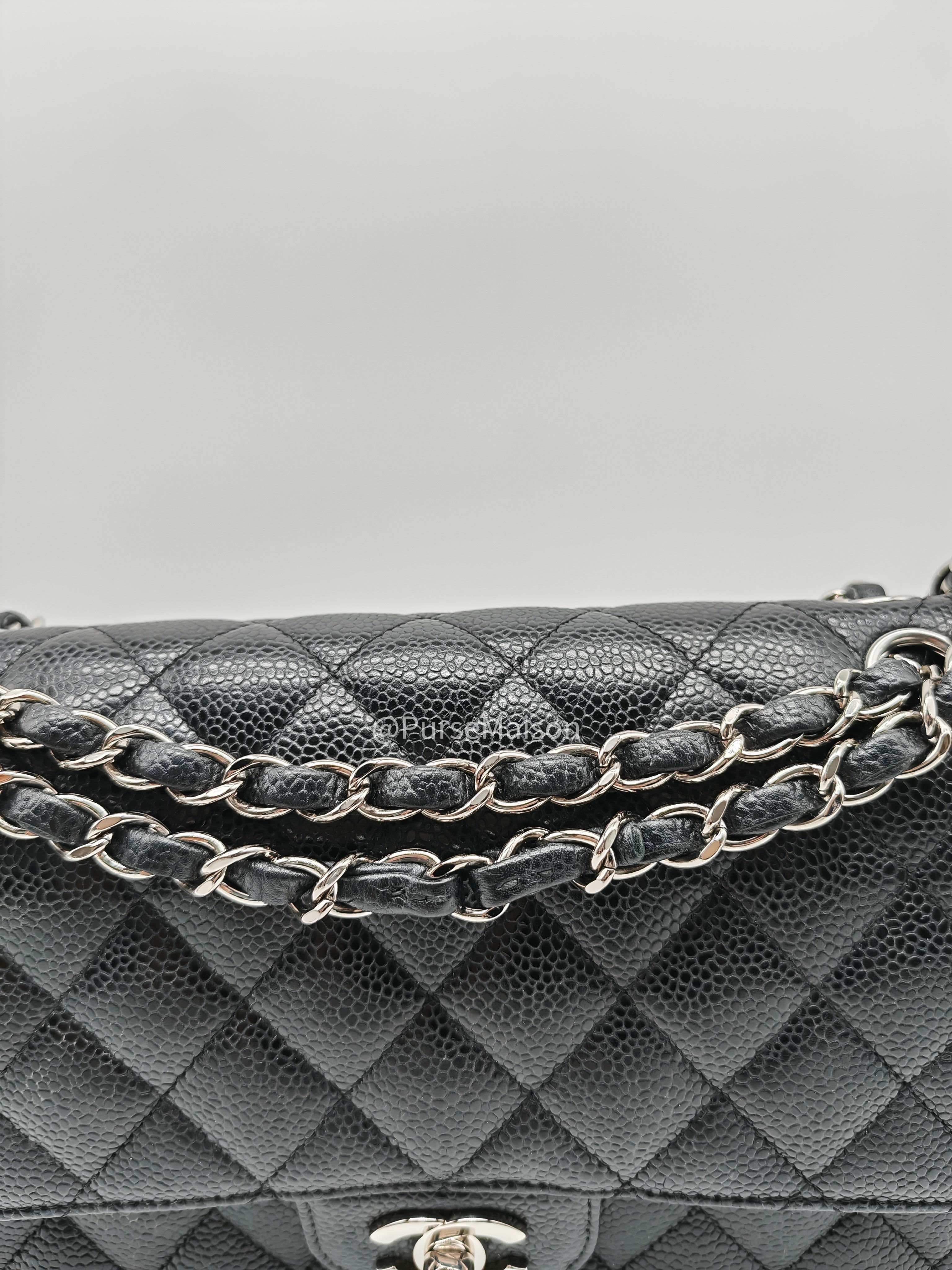 Chanel Classic Double Flap Medium in Black Caviar Leather Silver Hardware (Series 18) | Purse Maison Luxury Bags Shop