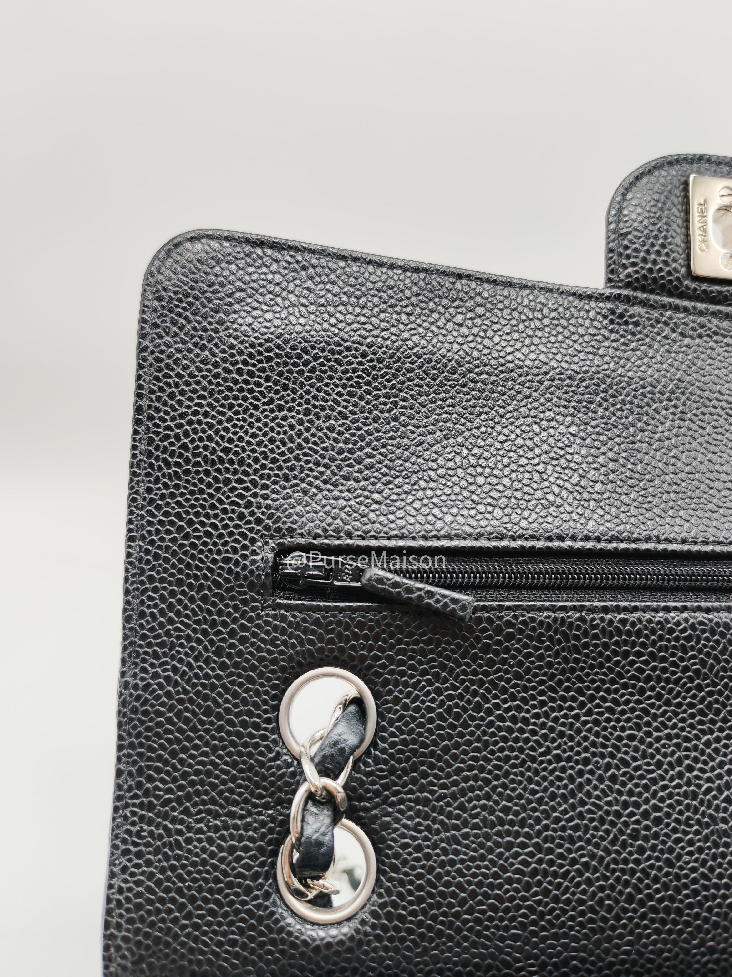 Chanel Classic Double Flap Medium in Black Caviar Leather Silver Hardware (Series 18) | Purse Maison Luxury Bags Shop