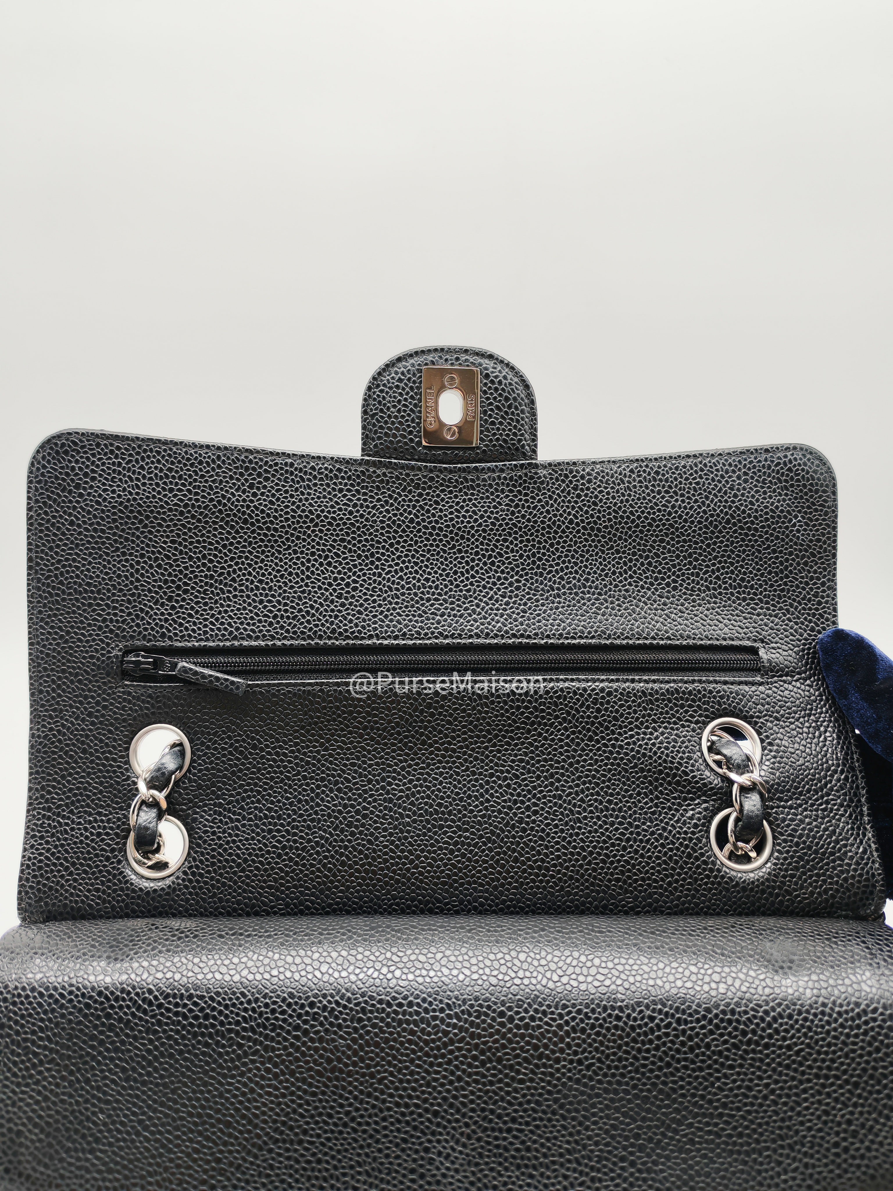 Chanel Classic Double Flap Medium in Black Caviar Leather Silver Hardware (Series 18) | Purse Maison Luxury Bags Shop