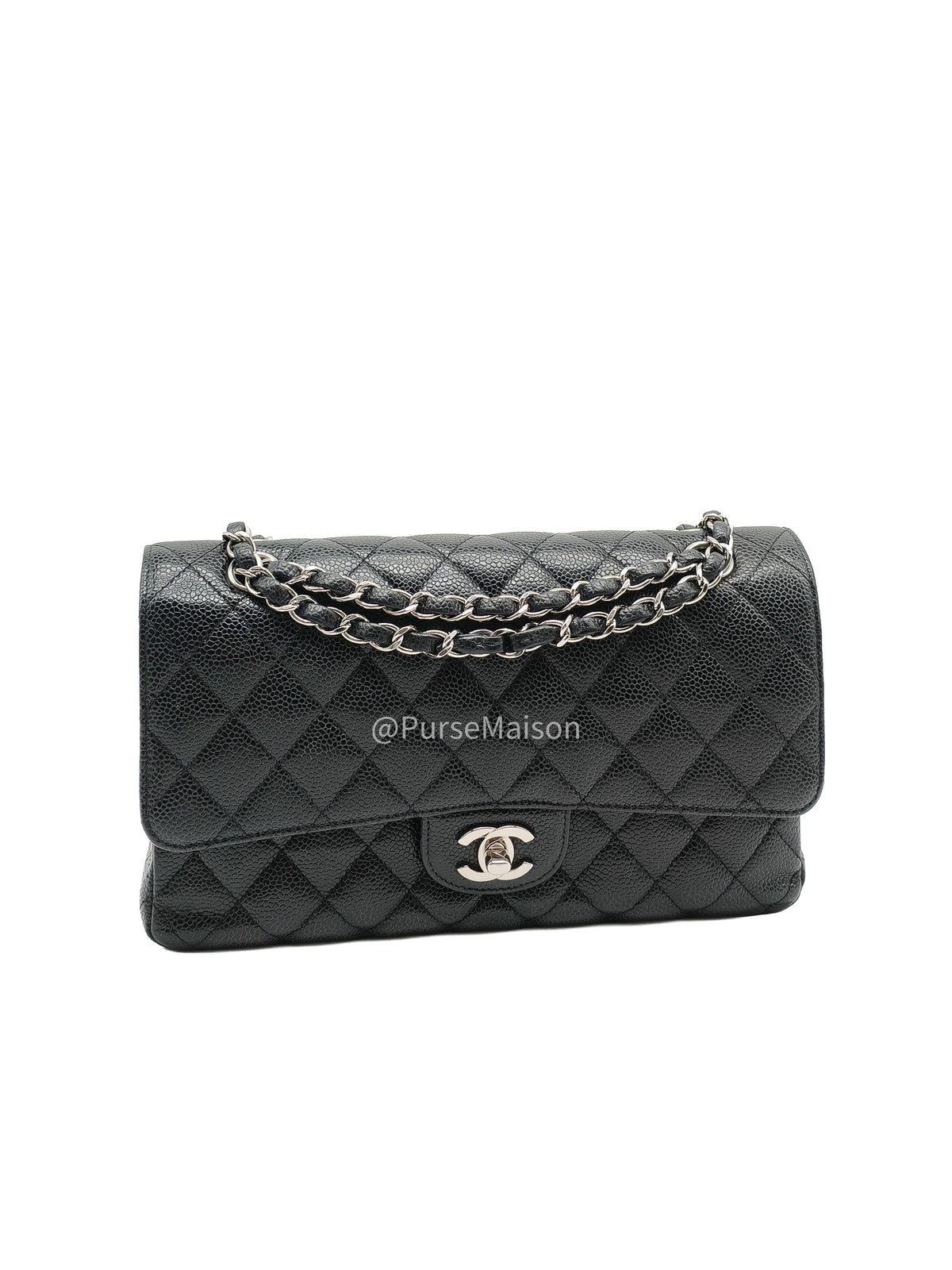 Chanel Classic Double Flap Medium in Black Caviar Leather Silver Hardware (Series 18) | Purse Maison Luxury Bags Shop