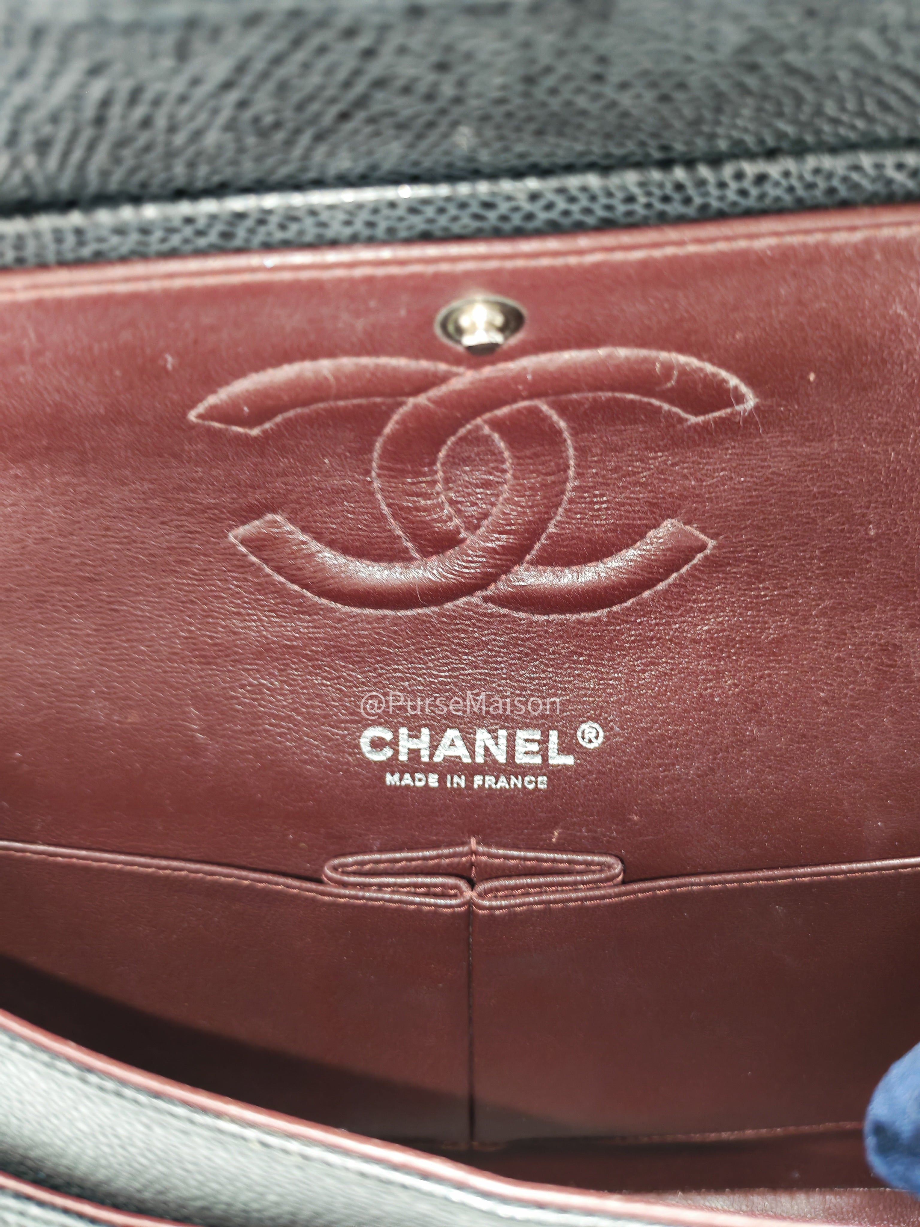 Chanel Classic Double Flap Medium in Black Caviar Leather Silver Hardware (Series 18) | Purse Maison Luxury Bags Shop
