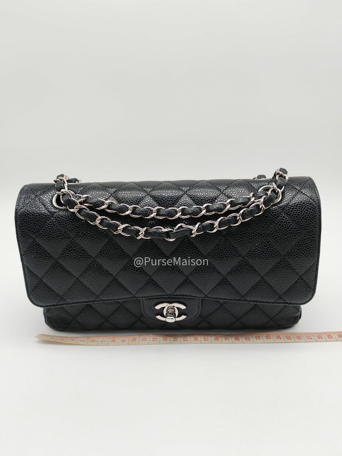 Chanel Classic Double Flap Medium in Black Caviar Leather Silver Hardware (Series 18) | Purse Maison Luxury Bags Shop