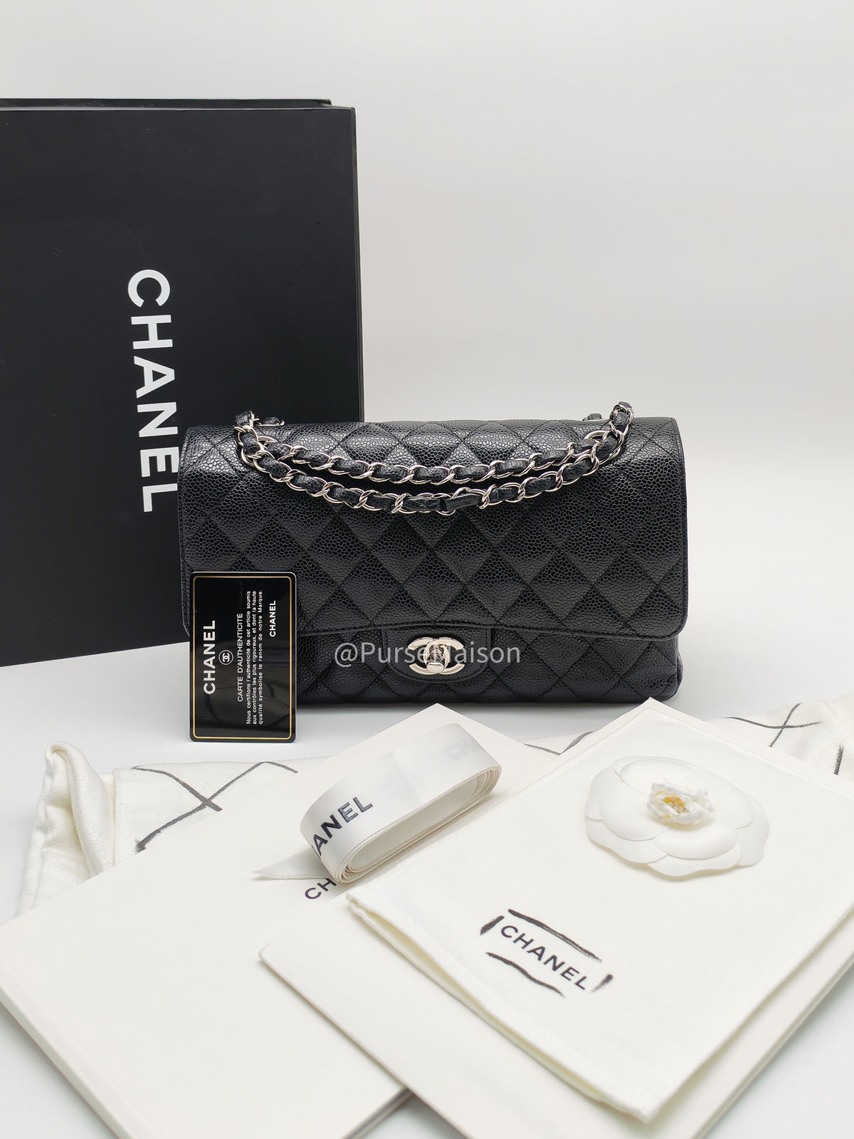Chanel Classic Double Flap Medium in Black Caviar Leather Silver Hardware (Series 18) | Purse Maison Luxury Bags Shop