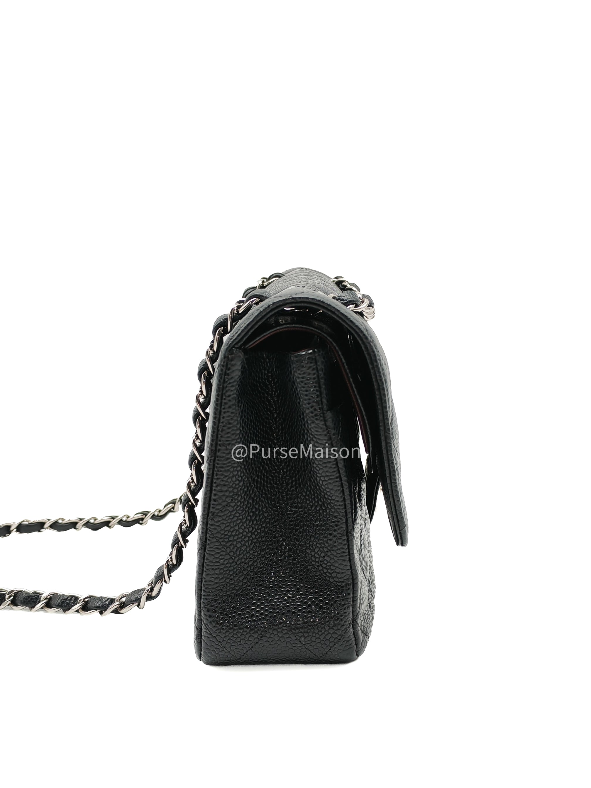 Chanel Classic Double Flap Medium in Black Caviar Leather Silver Hardware (Series 18) | Purse Maison Luxury Bags Shop