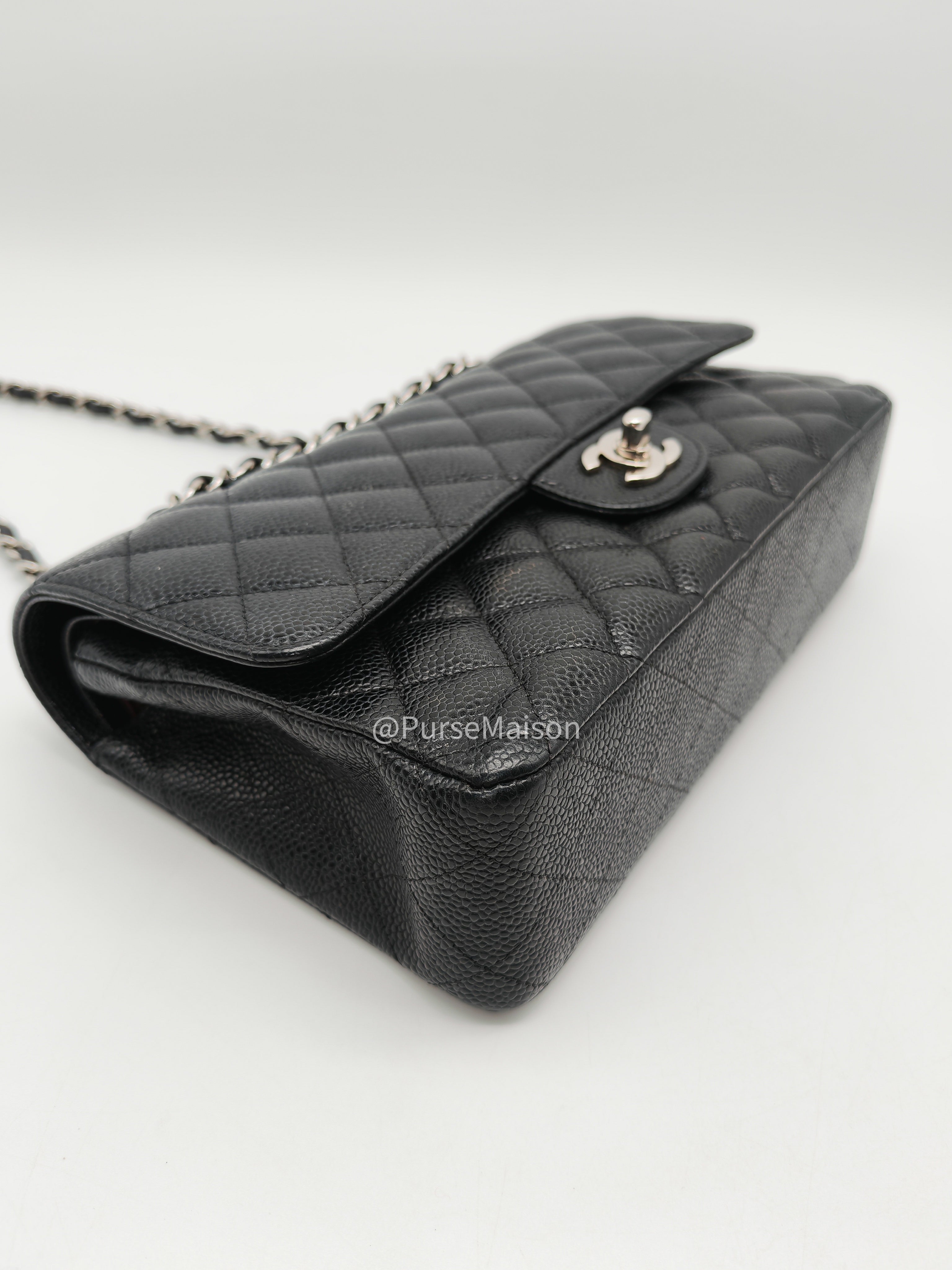 Chanel Classic Double Flap Medium in Black Caviar Leather Silver Hardware (Series 18) | Purse Maison Luxury Bags Shop
