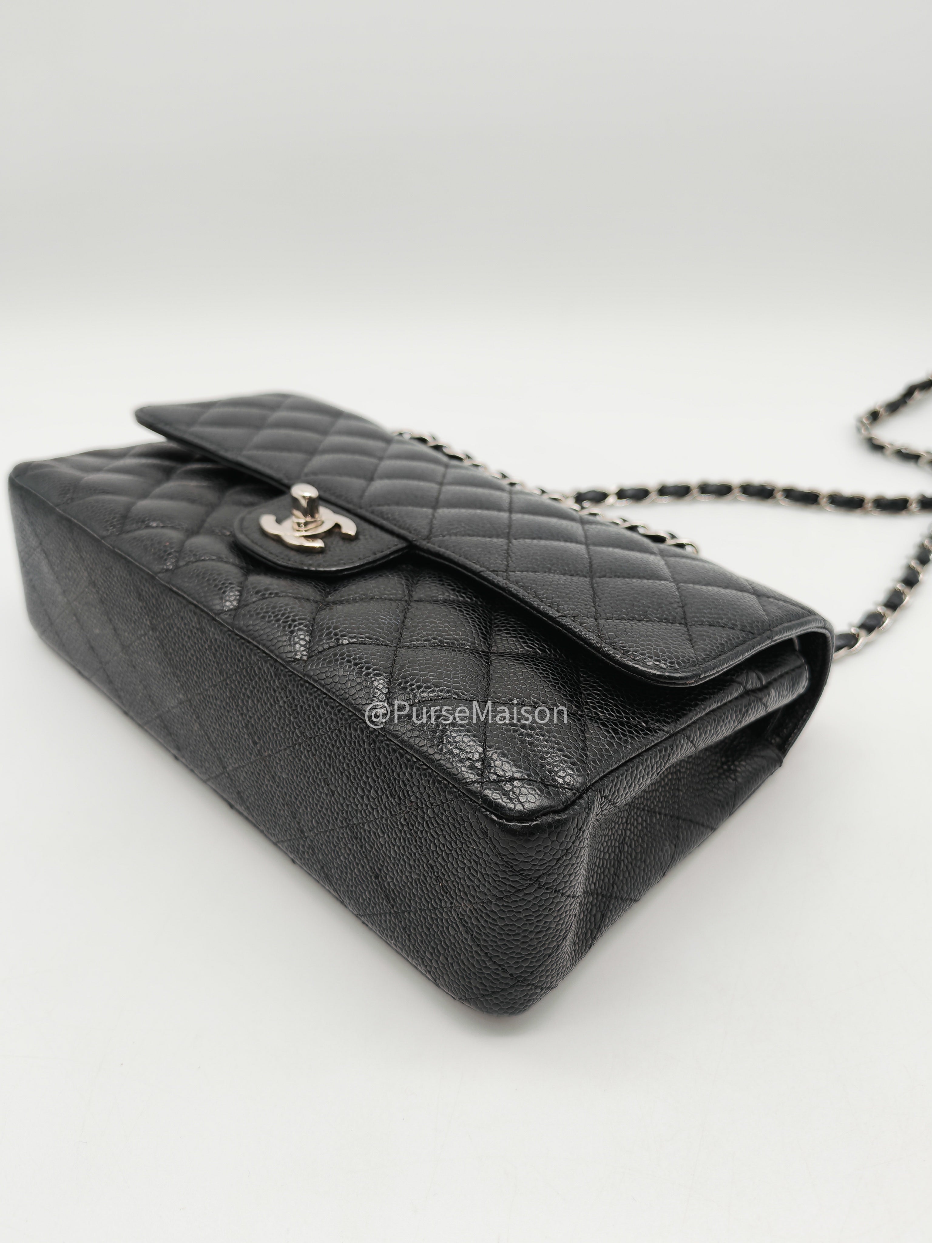 Chanel Classic Double Flap Medium in Black Caviar Leather Silver Hardware (Series 18) | Purse Maison Luxury Bags Shop