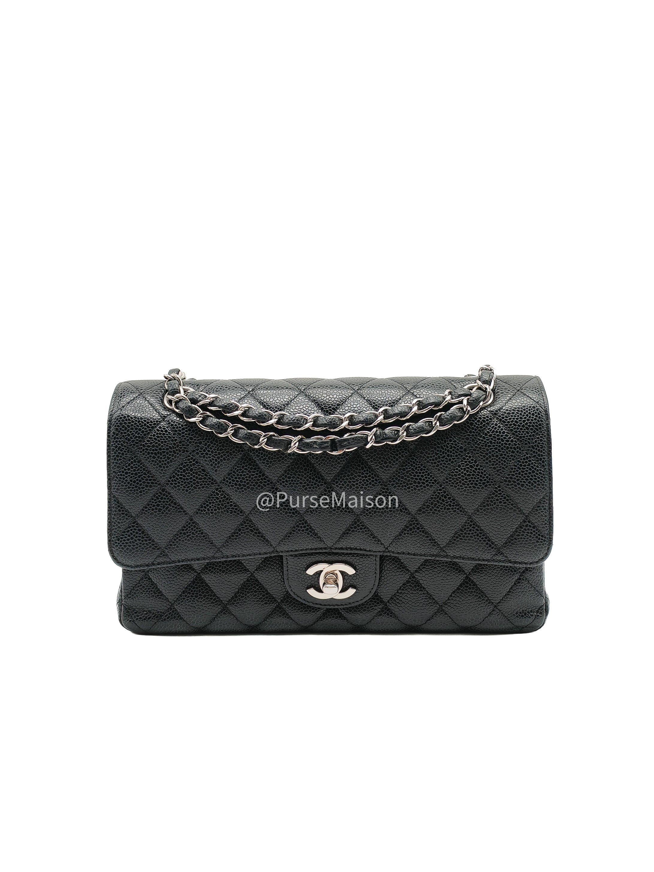 Chanel Classic Double Flap Medium in Black Caviar Leather Silver Hardware (Series 18) | Purse Maison Luxury Bags Shop