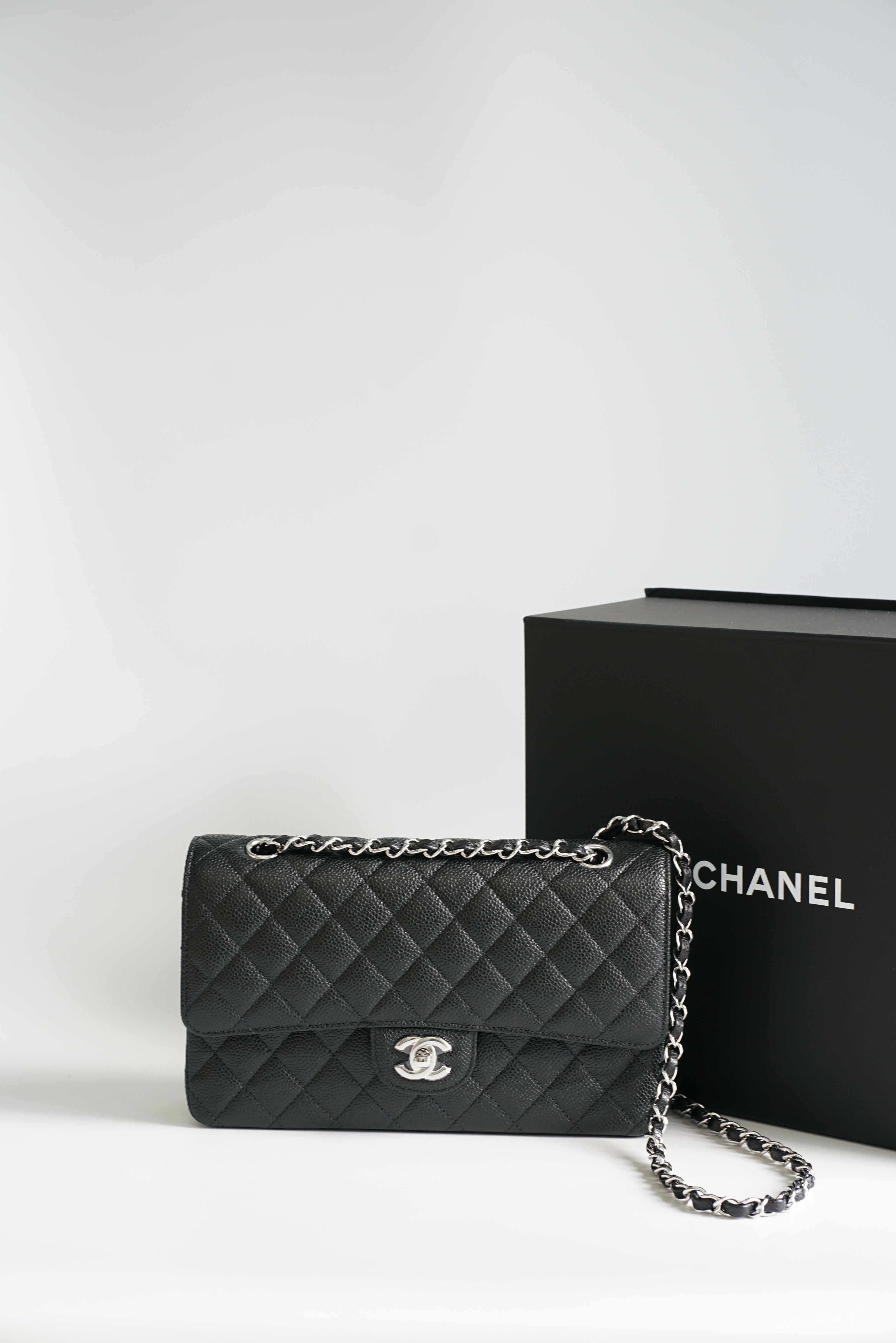 Chanel Medium Classic Double Flap Bag Black Quilted Caviar Silver Hardware