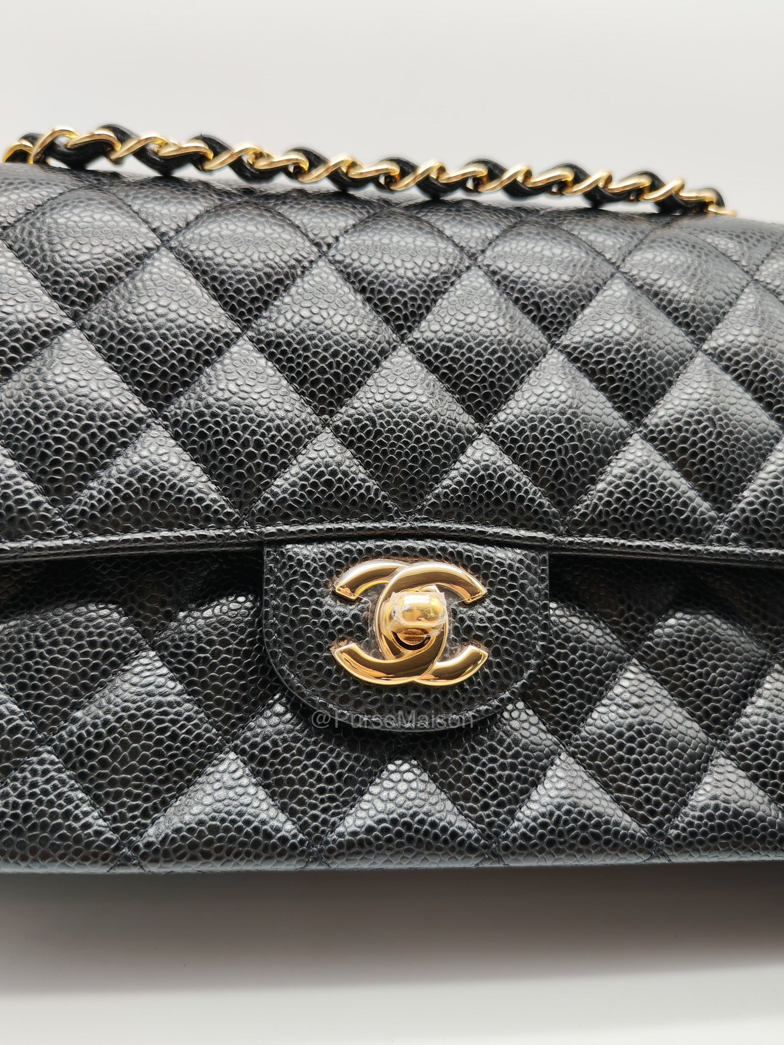 Chanel Classic Double Flap Medium in Black Quilted Caviar Leather and Gold Hardware Microchip | Purse Maison Luxury Bags Shop