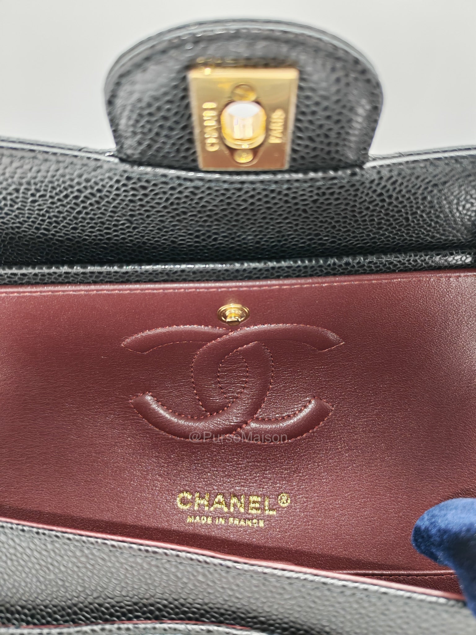 Chanel Classic Double Flap Medium in Black Quilted Caviar Leather and Gold Hardware Microchip | Purse Maison Luxury Bags Shop