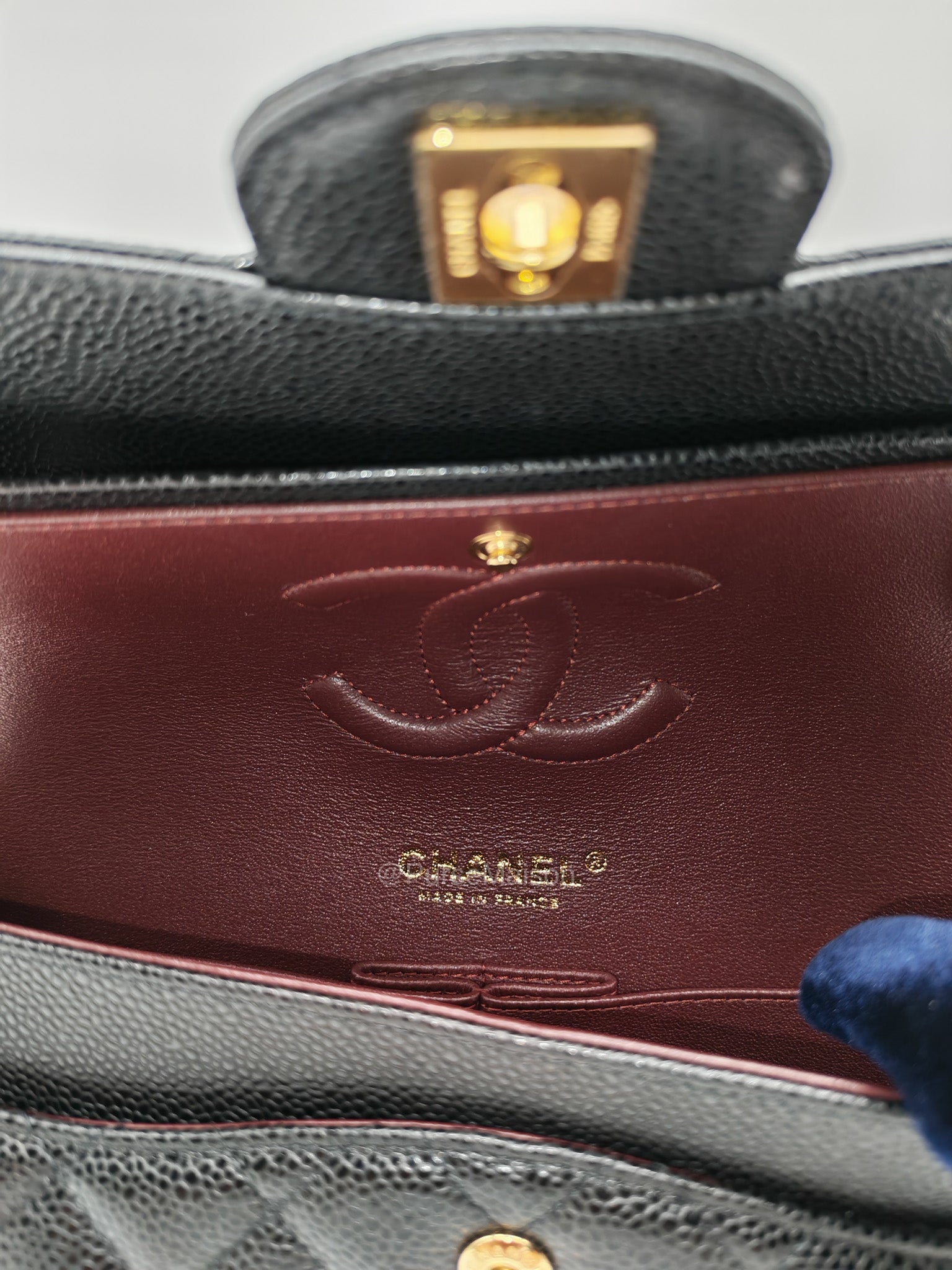 Chanel Classic Double Flap Medium in Black Quilted Caviar Leather and Gold Hardware Microchip | Purse Maison Luxury Bags Shop