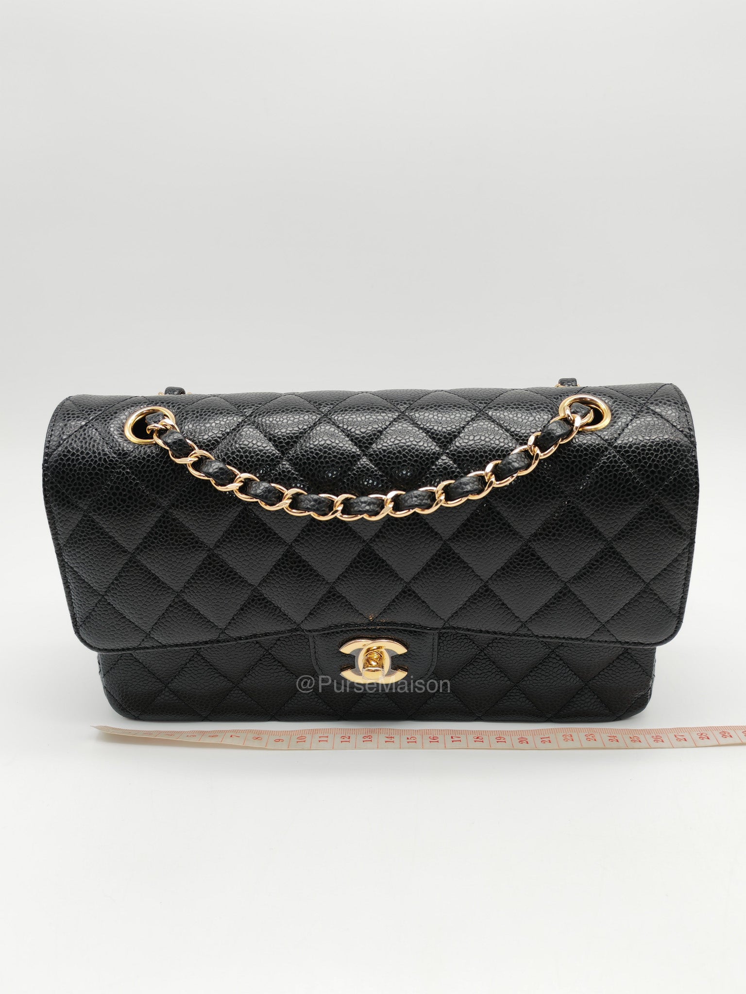 Chanel Classic Double Flap Medium in Black Quilted Caviar Leather and Gold Hardware Microchip | Purse Maison Luxury Bags Shop