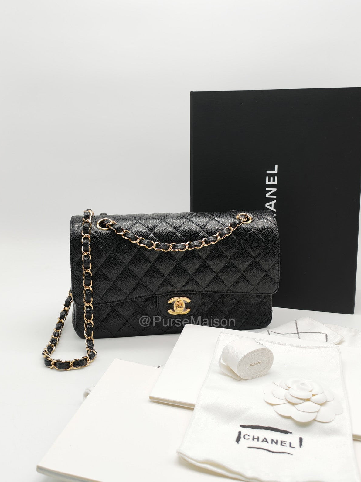 Chanel Classic Double Flap Medium in Black Quilted Caviar Leather and Gold Hardware Microchip | Purse Maison Luxury Bags Shop