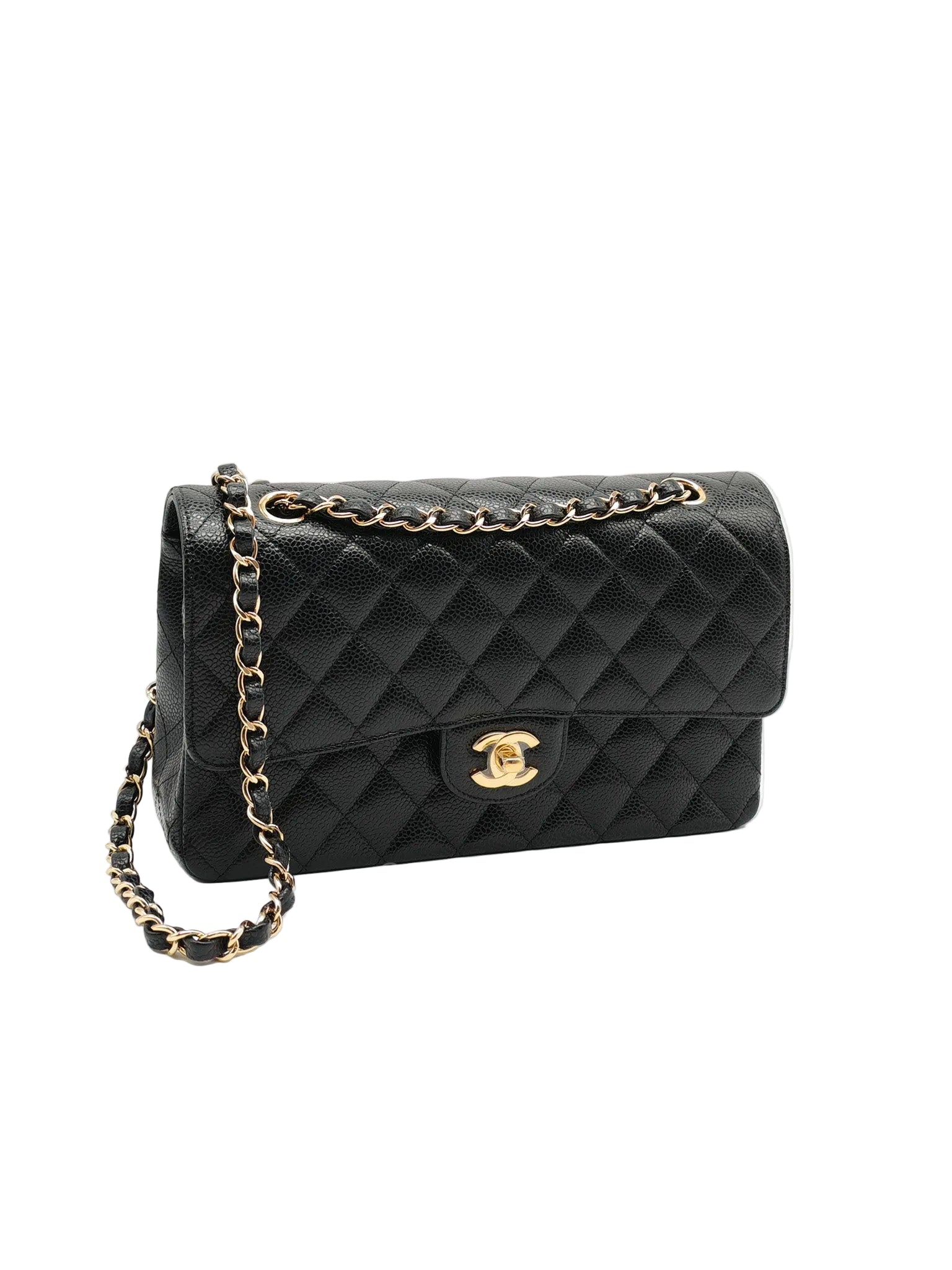 Chanel Classic Double Flap Medium in Black Quilted Caviar Leather and Gold Hardware Microchip | Purse Maison Luxury Bags Shop