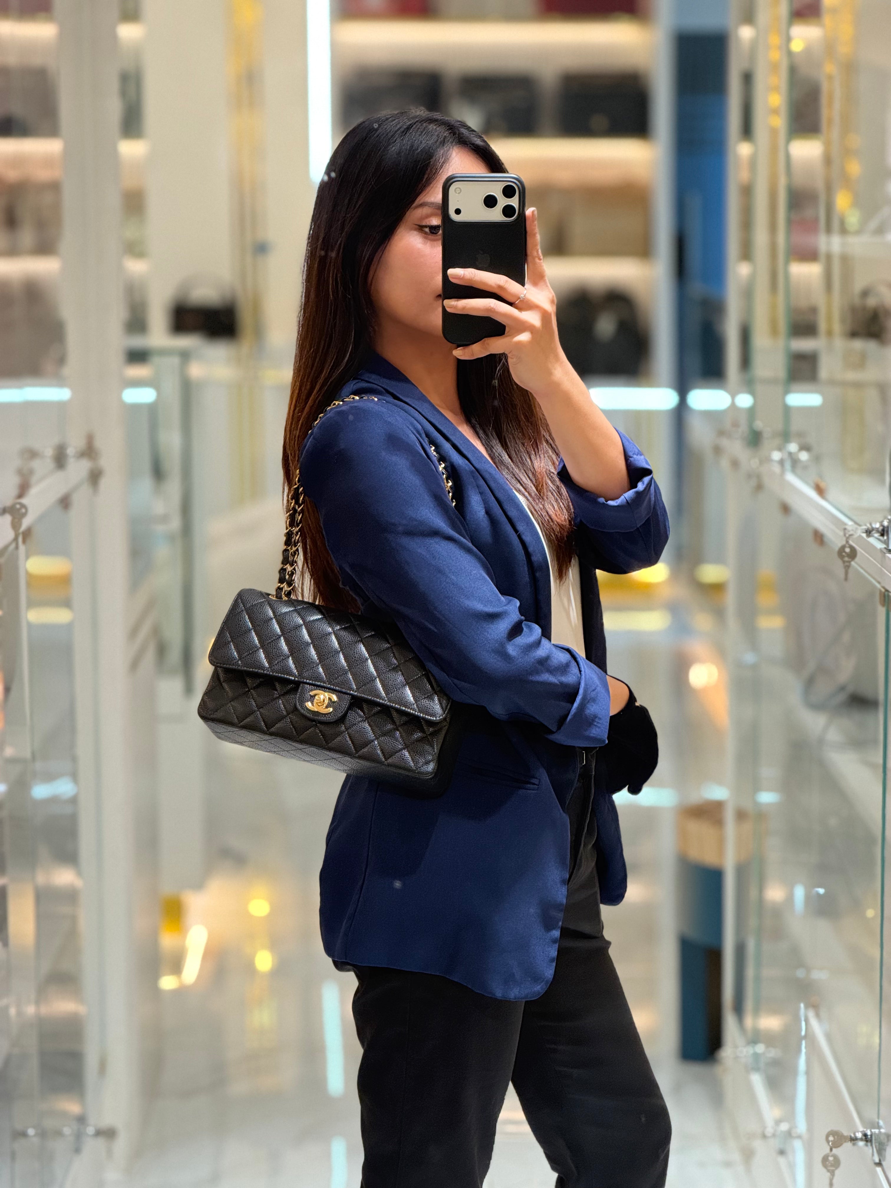 Classic Double Flap Bag Medium in Black Quilted Caviar Leather and Gold Hardware Microchip | Purse Maison Luxury Bags Shop