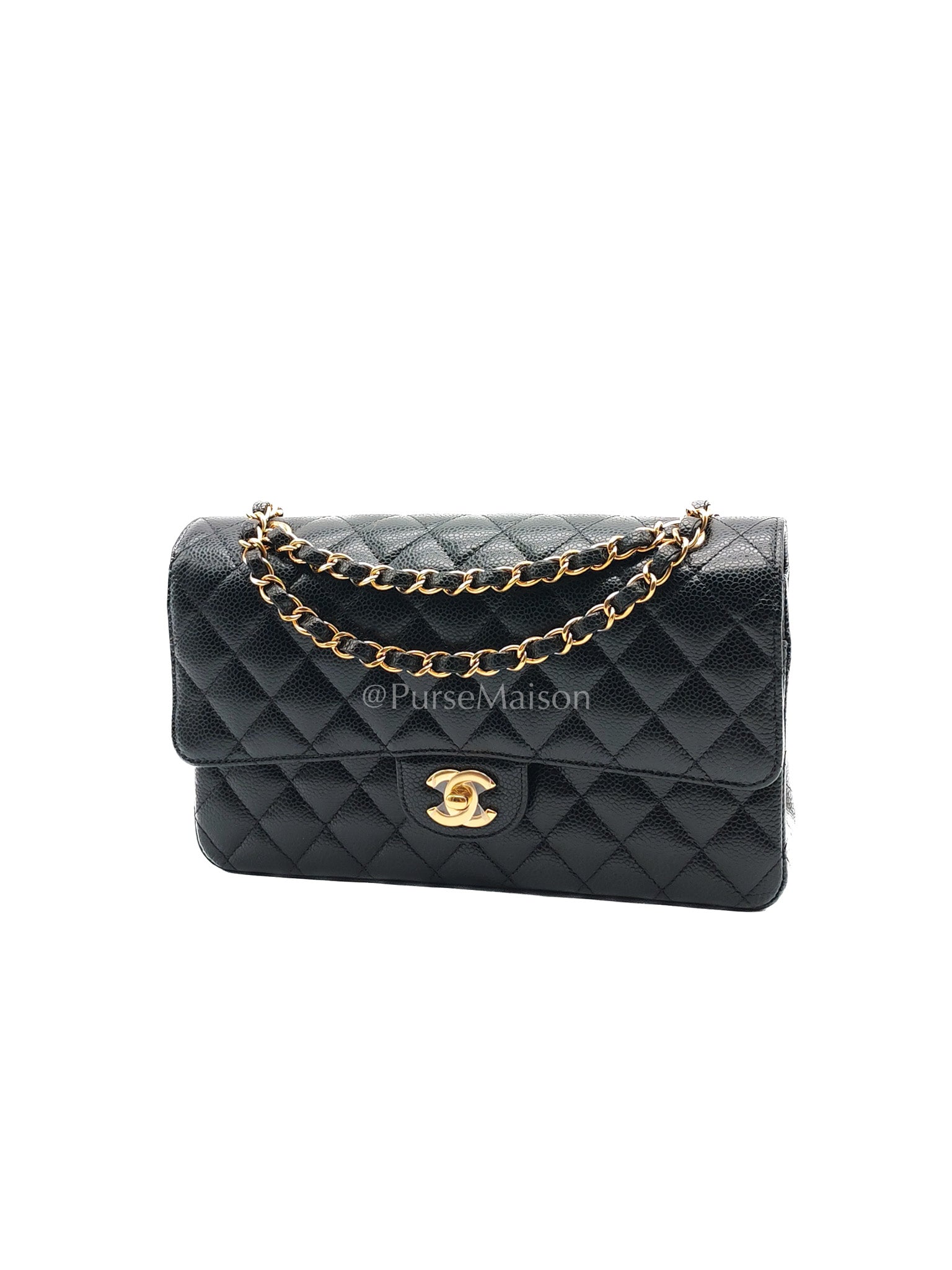Chanel Classic Double Flap Medium in Black Quilted Caviar Leather & Gold Hardware Microchip | Purse Maison Luxury Bags Shop
