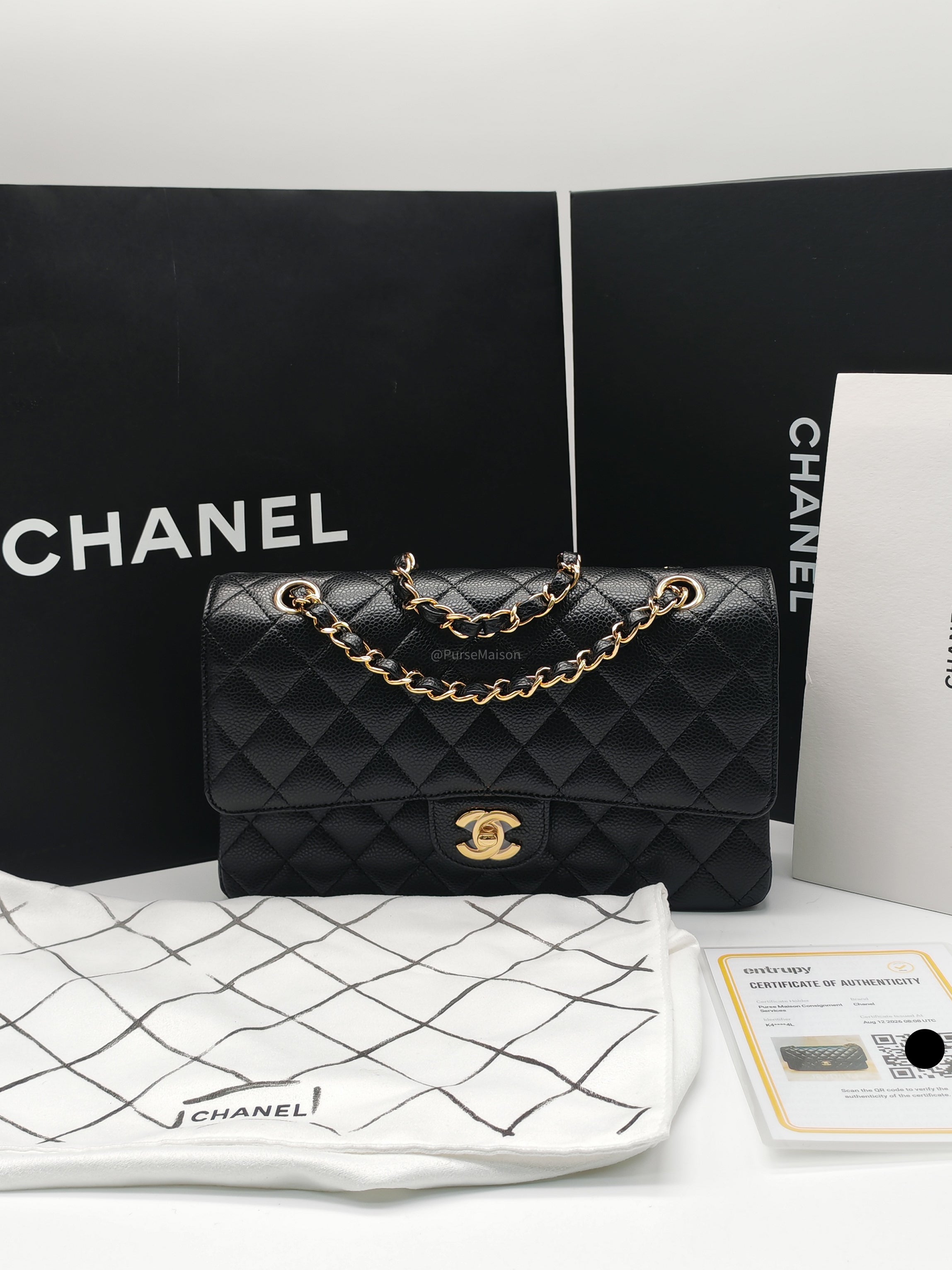 Chanel Classic Double Flap Medium in Black Quilted Caviar Leather & Gold Hardware Microchip | Purse Maison Luxury Bags Shop